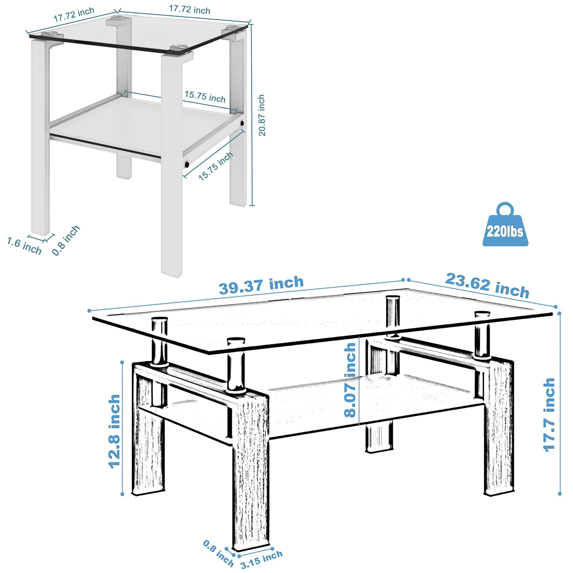 3-Piece White Glass Coffee Table Set with Tempered Glass Top & Metal Frame - Modern Living Room Table Set for Small Spaces, Apartments | Perfect for Lounge, TV Room & Home Decor
