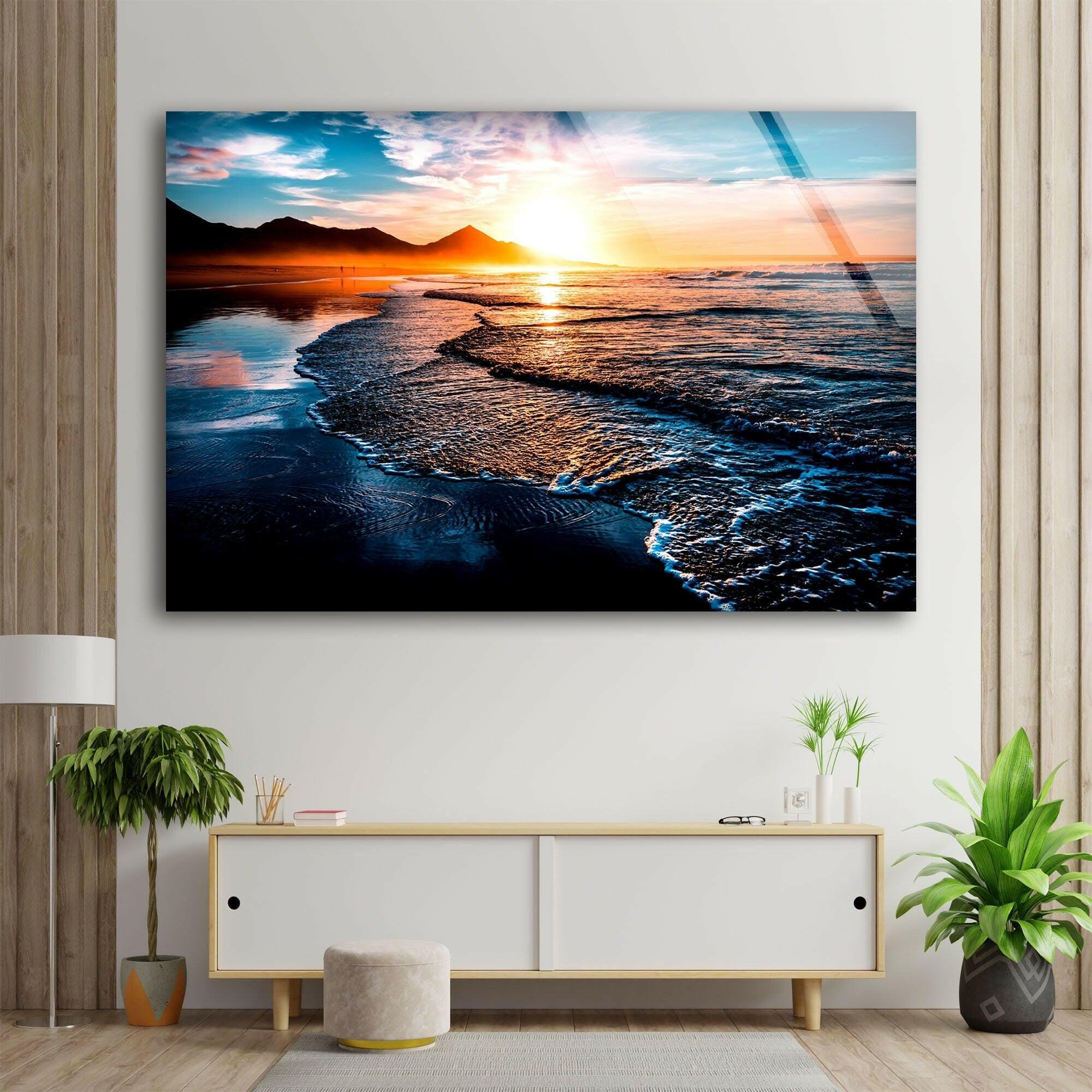 Sunset Beach & Ocean Waves Glass Wall Art - Coastal Home Decor for Living Room, Bedroom, or Office