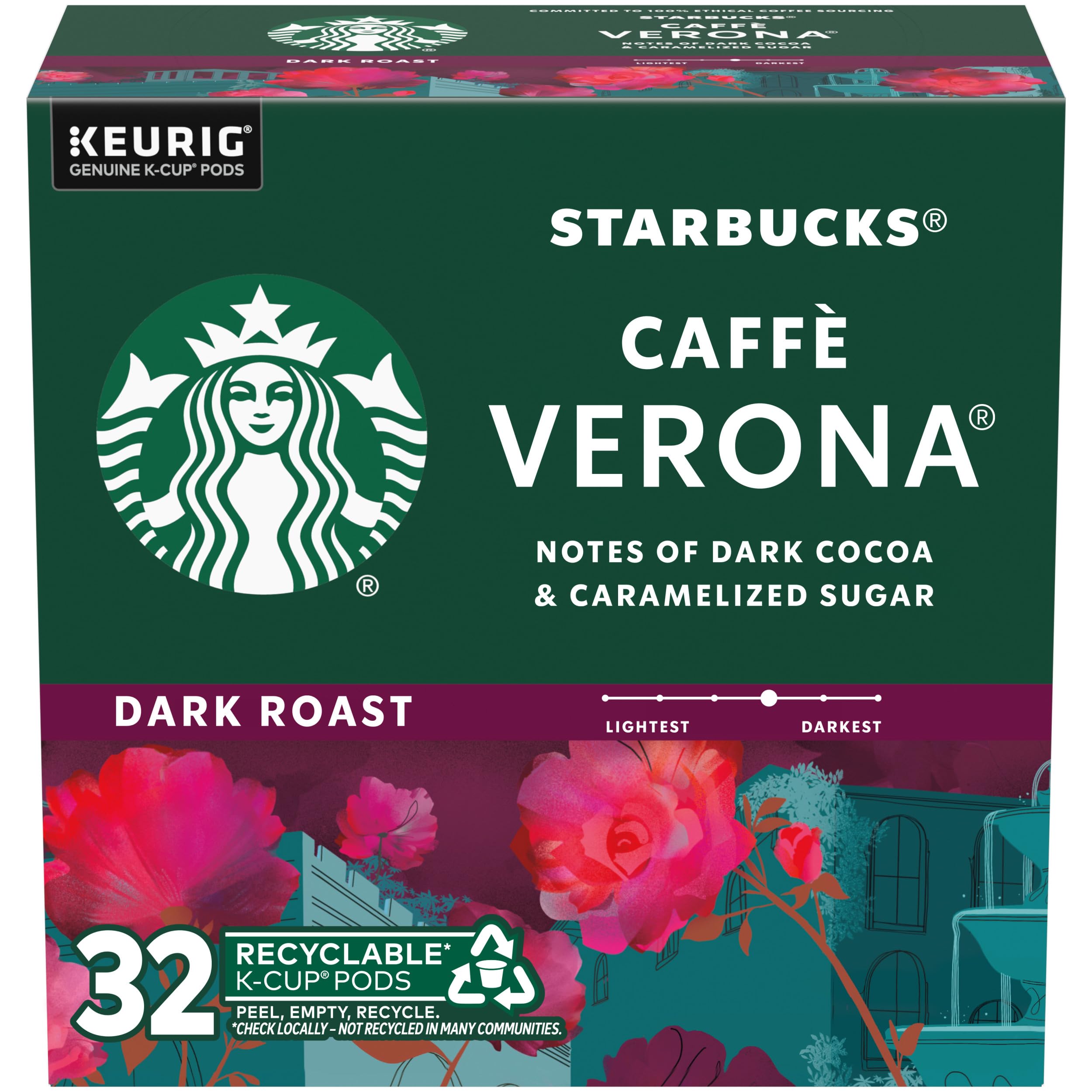 Starbucks K-Cup Coffee Pods - Dark Roast Caffè Verona 100% Arabica Coffee (32 Count) for Keurig Brewers | Perfect for Home, Office & Morning Energy Boost