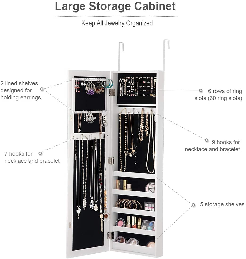Wall Mount Jewelry Armoire Mirror Cabinet - Over The Door Hanging Organizer with 5 Shelves for Bracelets, Rings & Cosmetics | Perfect for Bedroom Closet, Bathroom & Dressing Room Organization