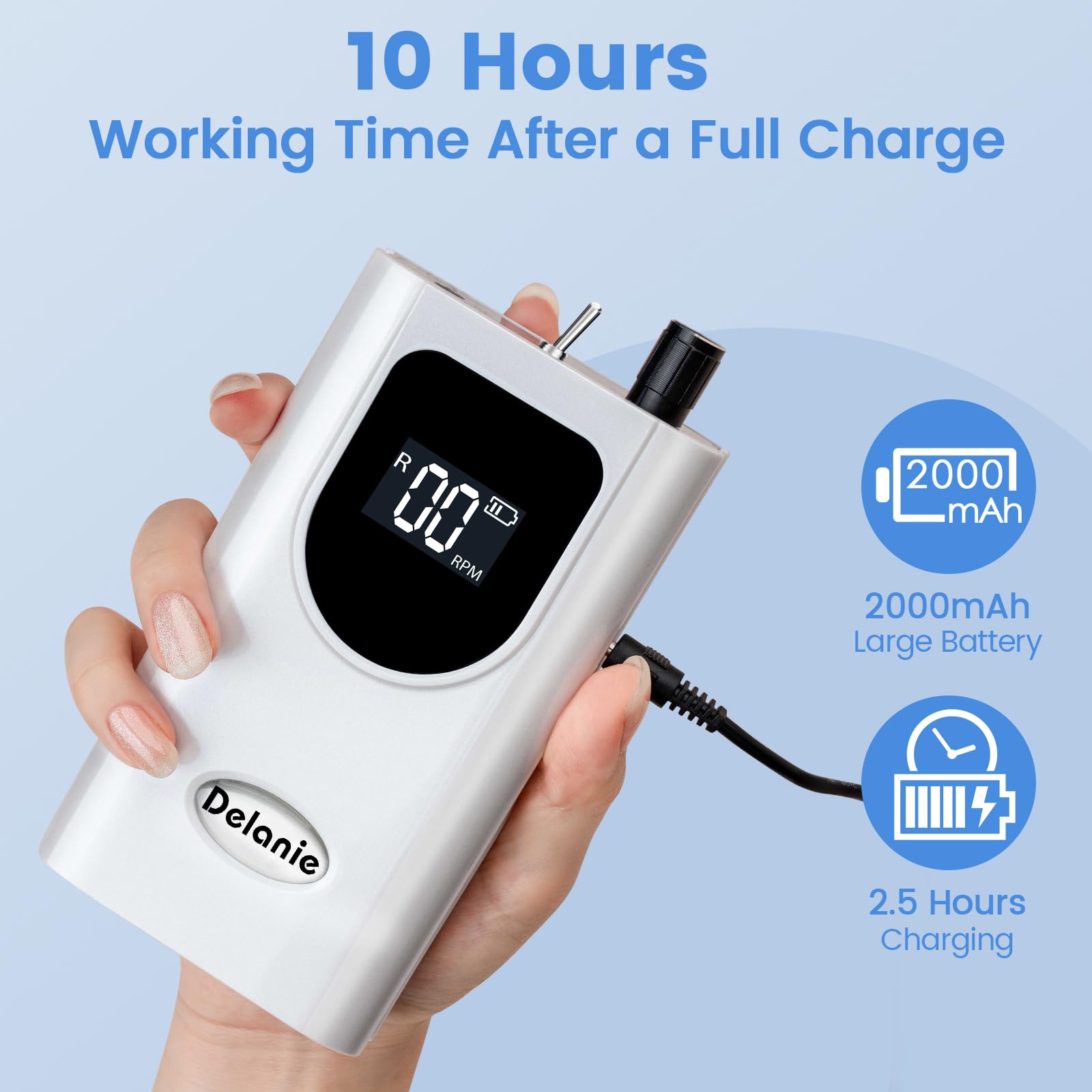 Delanie Professional Portable Electric Nail Drill Machine - 35000 RPM Rechargeable Cordless Nail Filer for Acrylic, Gel & Dip Powder Nails | Salon & Home Manicure Tool | Perfect for DIY Nail Art & Professional Use (White)