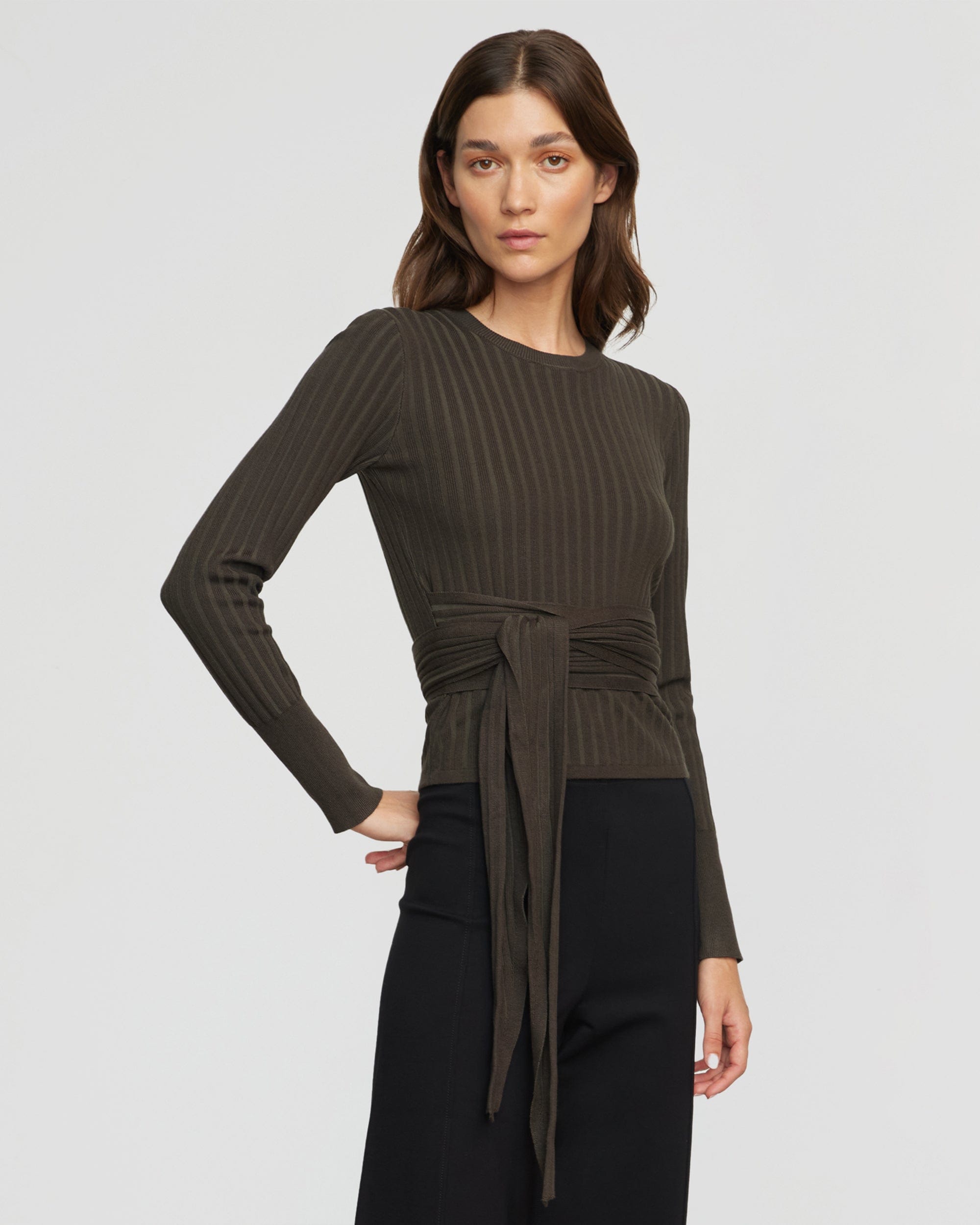 Deniza Tie Front Ribbed Sweater for Women - Soft Knit Long Sleeve Tops for Fall & Winter - Perfect for Office, Date Night and Casual Outfits
