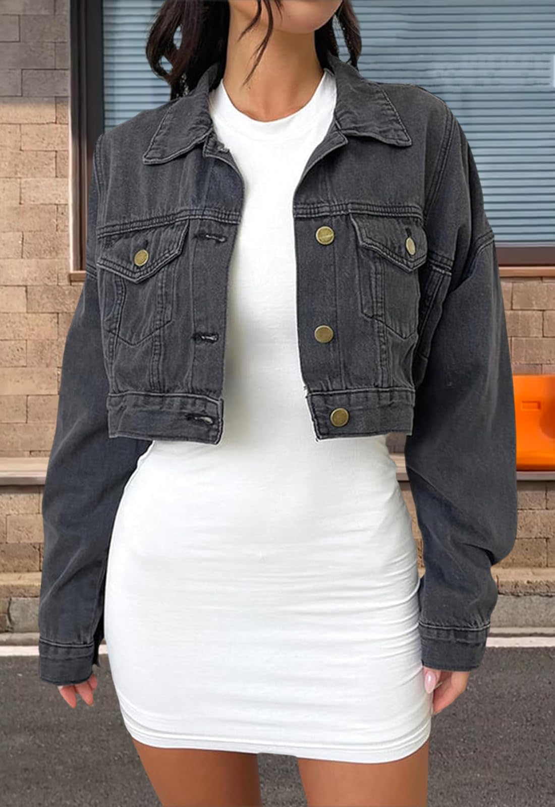 Women's Denim Cropped Jacket - Long Sleeve Button Down Shirt Coat for Casual Outfits | Perfect for Spring Layering, Date Nights & Streetwear Fashion