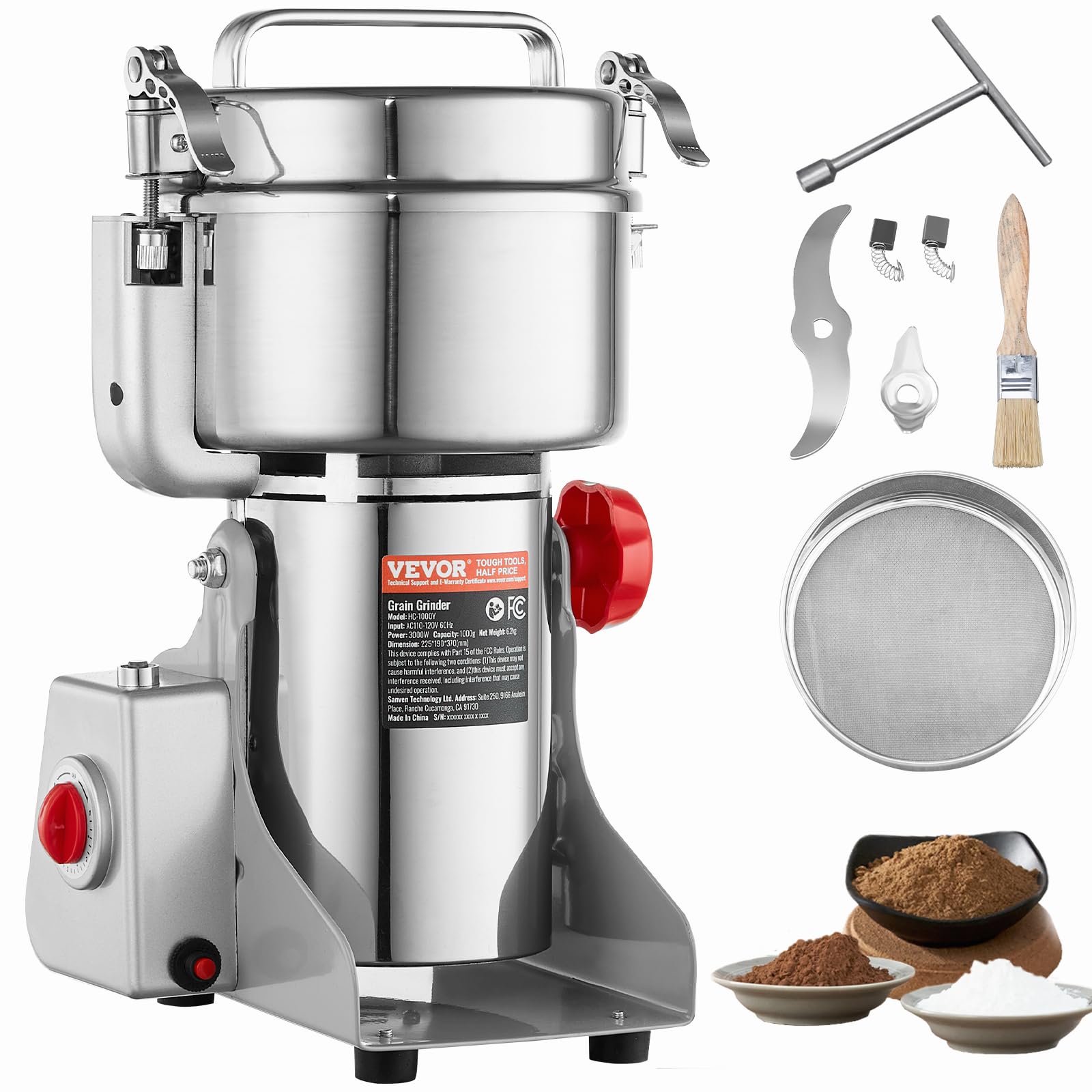 VEVOR 1000g Electric Grain Mill Grinder - 3000W High-Speed Commercial Spice Grinder | Stainless Steel Powder Machine for Coffee, Corn, Pepper & Dry Grains | Perfect for Bakeries, Coffee Shops & Home Kitchens