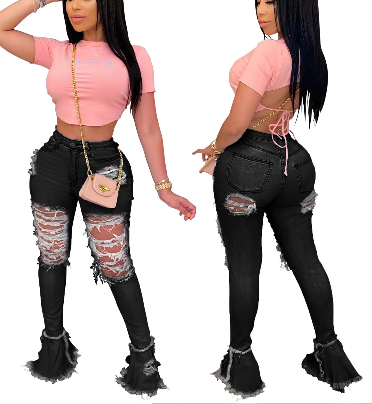 Women's High Waisted Bell Bottom Jeans - Distressed Ripped Flare Denim Pants with Elastic Waist & Raw Hem | Retro 70s Vintage Style for Casual Outfits, Music Festivals and Boho Fashion