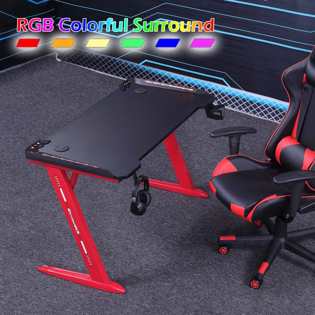 140cm RGB Gaming Desk with LED Lights - Carbon Fiber Z-Shaped Design for Home Office & PC Gaming - Perfect for Esports, Streaming & Workstations