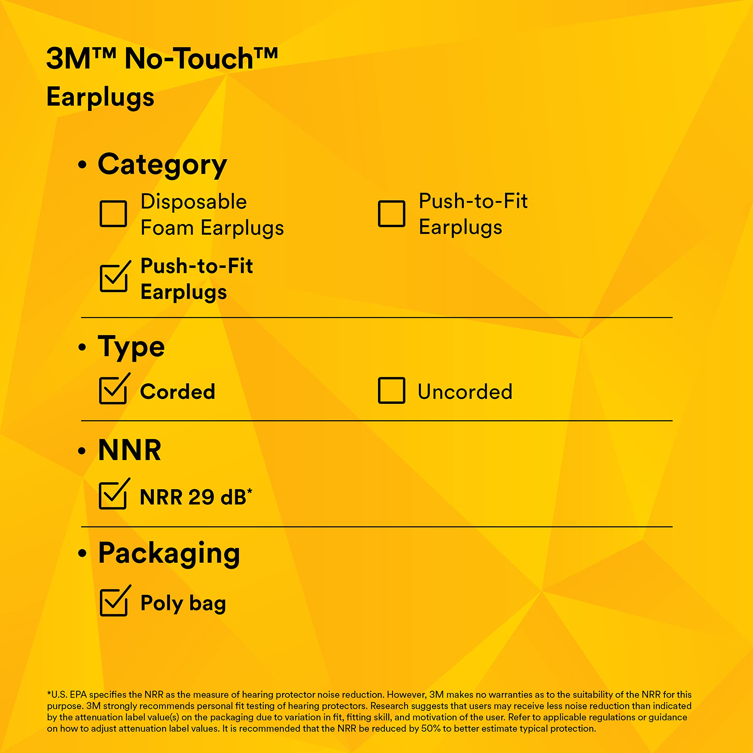3M No-Touch Push-to-Fit Earplugs P2001 with Cord - Noise Reduction for Sleeping, Studying & Work - Comfortable Hearing Protection for Construction, Travel & Concerts