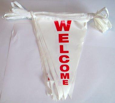 Custom Welcome Pennants - Red Print on White Fabric - Perfect for Home Decor, Parties & School Events