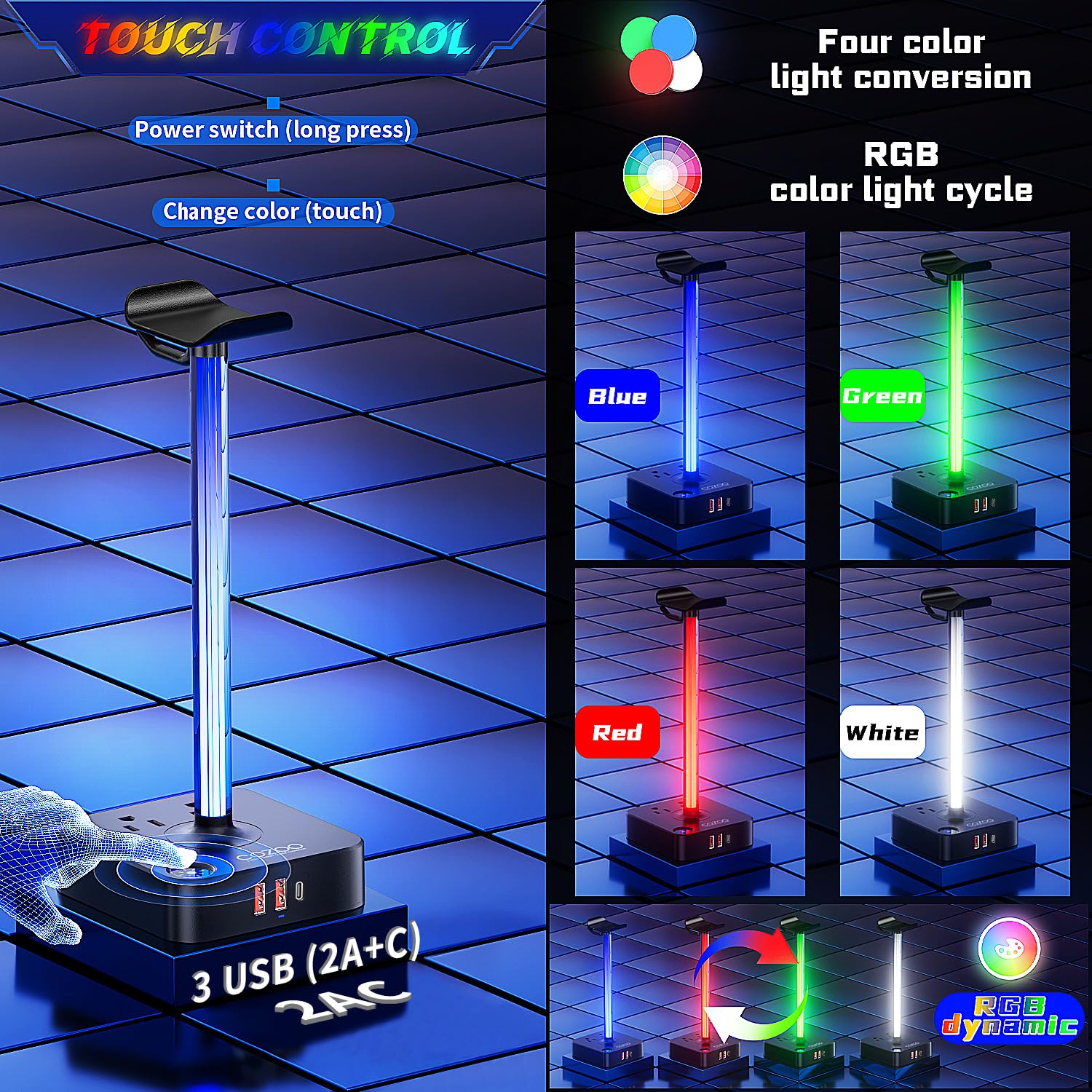 RGB Gaming Headphone Stand with USB Charger & 2 Outlets - COZOO Desktop Headset Holder for Wireless Earphones, DJ Equipment & PC Gaming Setup - Perfect for Gaming Room, Office Desk & Gamer Gift Ideas
