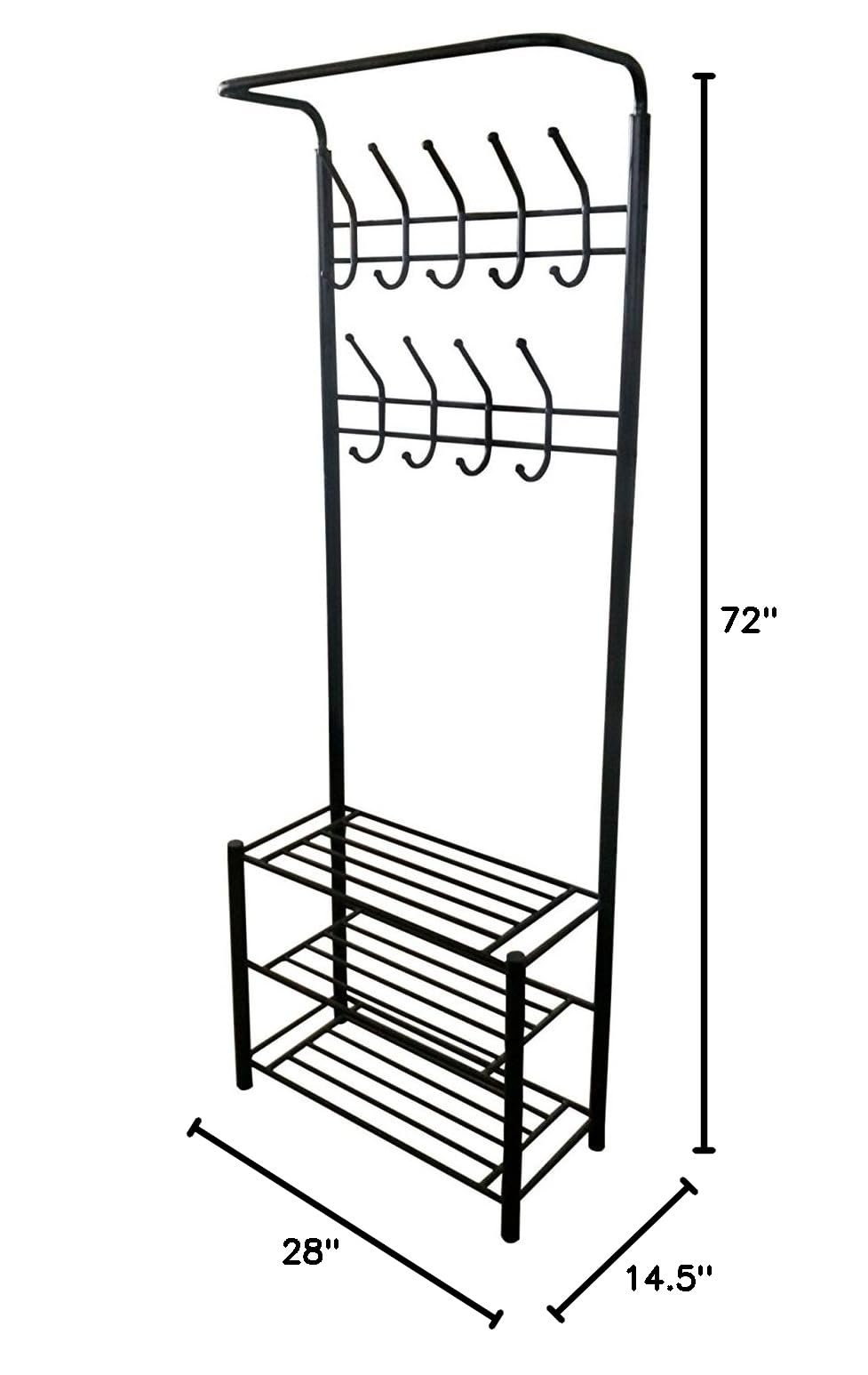 RAAMZO Black Metal Entryway Storage Organizer - 3-Tier Shoe Rack with 18 Hooks for Coats, Hats & Accessories | Space-Saving Hallway Entry Solution for Home & Apartment