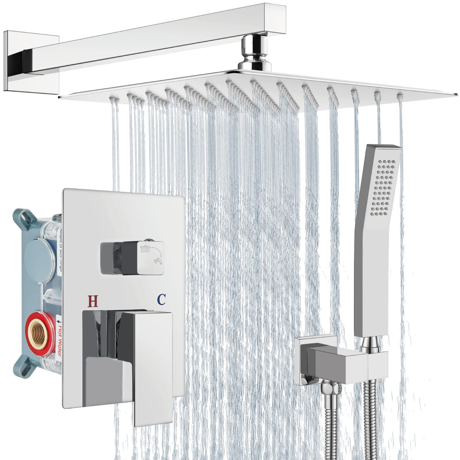 Aolemi 12 Inch Wall Mount Shower Faucet Set - Polish Chrome Rain Shower System with Handheld Spray, Rough-in Valve & Trim Kit - Perfect for Modern Bathroom Renovation & Spa-Like Shower Experience
