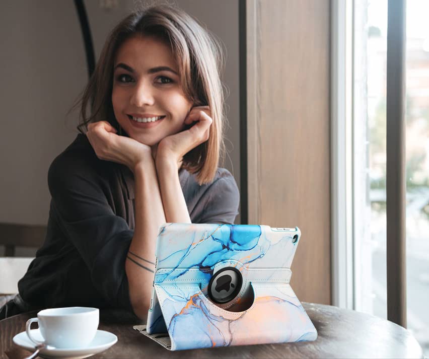 360° Rotating Stand Protective Case for iPad 9.7 inch (5th/6th Gen) & iPad Air 2 - Auto Sleep/Wake Smart Cover with Marble Blue Design | Perfect for Work, Study & Entertainment