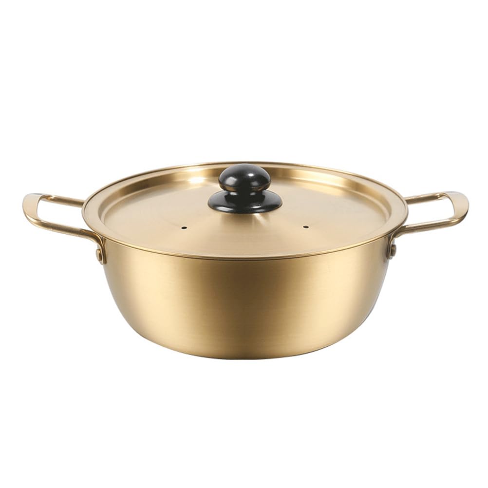 Premium Stainless Steel Korean Ramen Noodle Pot with Lid - 18cm Golden Double Handle Ramyun Cooker for Soup, Stew & Instant Noodles | Perfect for Home Kitchen & Restaurant Use | Durable Stockpot for Quick Meals & Asian Cuisine
