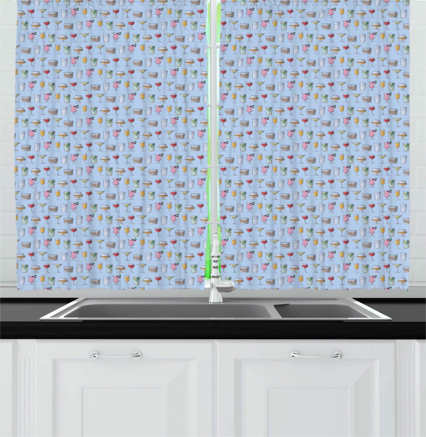 Ambesonne Cocktail Themed Kitchen Curtains - 2 Panel Set with Continuous Alcohol Beverage Glass Pattern, 55