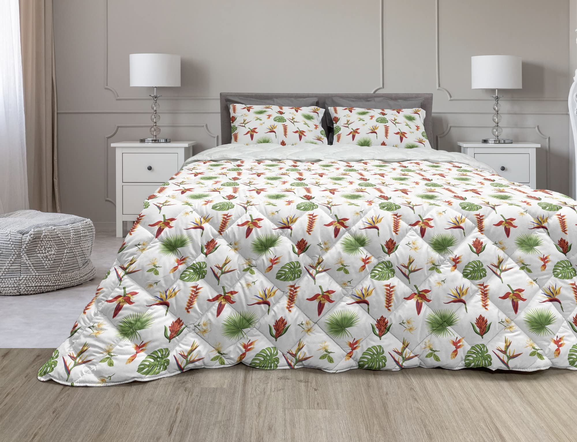 Ambesonne Tropical Comforter & Sham Bedding Set - Monstera Leaf & Strelitzia Exotic Plant Design, 2-Piece Microfiber Duvet Set in White & Lime Green (Twin Size) | Perfect for Beach House Decor, Boho Bedroom Style & Tropical Themed Rooms
