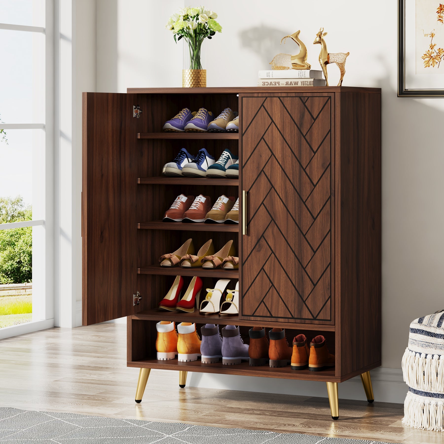 6-Tier Wooden Shoe Cabinet with Adjustable Shelves - Space Saving Shoe Storage Organizer for Entryway, Closet & Bedroom