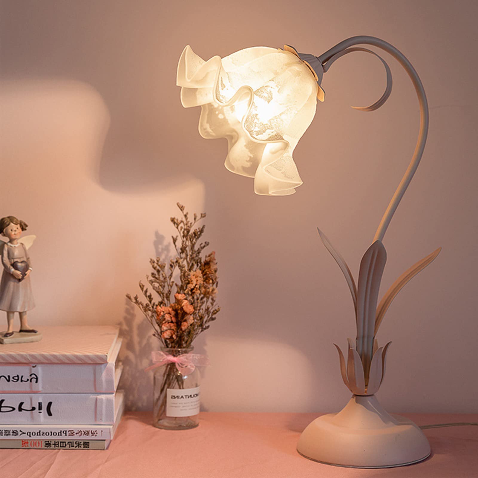 Creative Glass Table Lamp - Modern Simple Style Flower White & Pink Petal Glass Table Lamp with Dimmable LED, Bedside Nightstand Lamp for Bedroom, Living Room, Office Decor