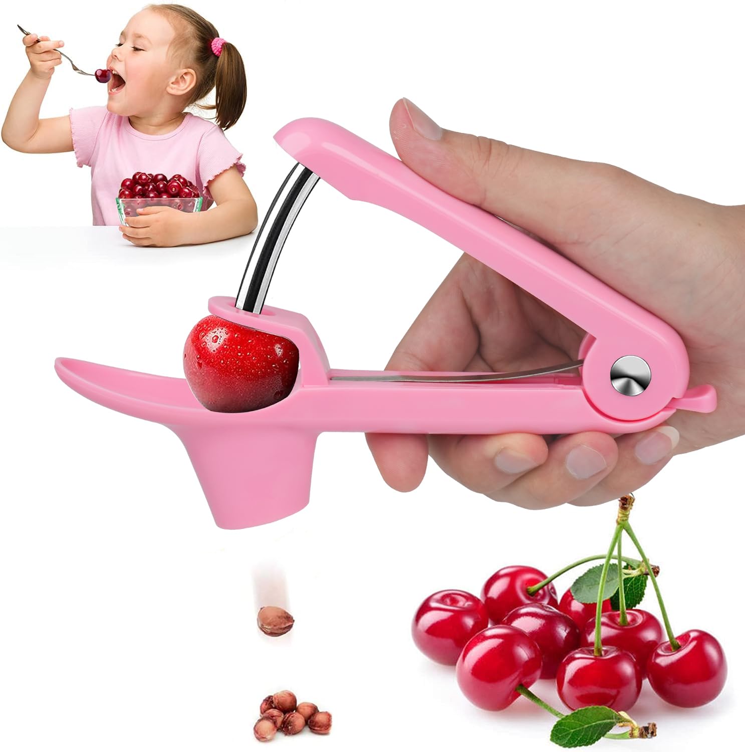 Premium Cherry Pitter & Olive Pitter Tool - Stainless Steel Cherry Stone Remover for Jam Making, Baking & Cooking - Space-Saving Lock Design - Easy to Clean Kitchen Gadget (Pink) - Perfect for Home Canning, Fruit Prep & Holiday Baking