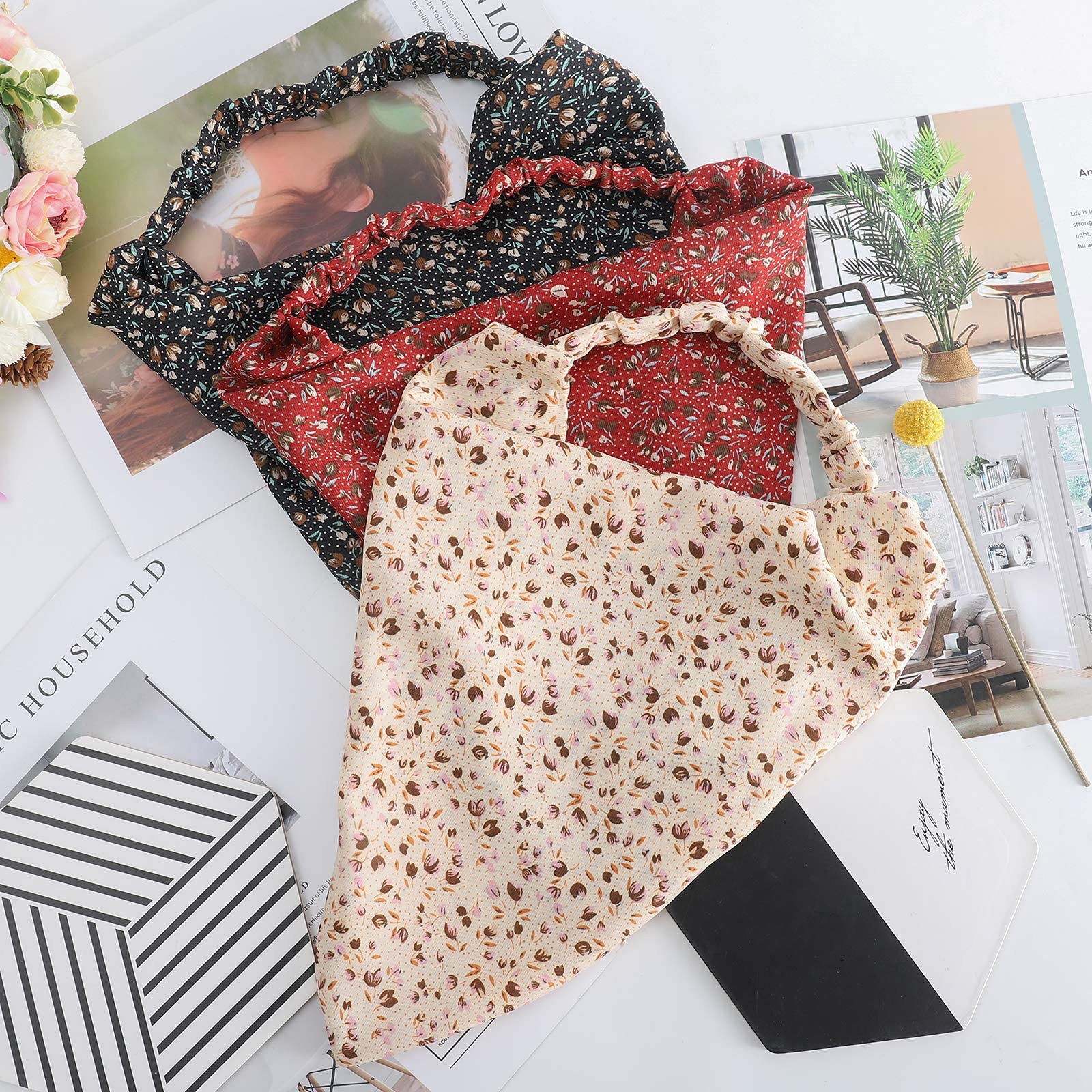 HAIMEIKANG 3-Piece Floral Elastic Hair Scarf Set - Chiffon Headband & Bandana with Hair Clips for Women (Beige, Navy Blue, Wine Red) - Perfect for Beach, Yoga, and Everyday Fashion Accessories