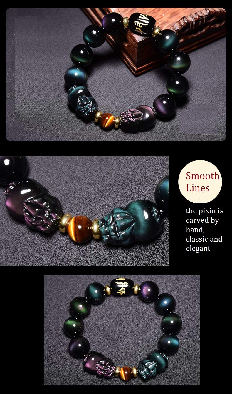 Feng Shui Obsidian Bracelet with Double Pixiu - Rainbow Obsidian & Tiger Eye Stone Money Luck Talisman, Stretch Bangle with Six Word Mantra Carving - Perfect for Wealth Attraction, Spiritual Protection & Daily Wear