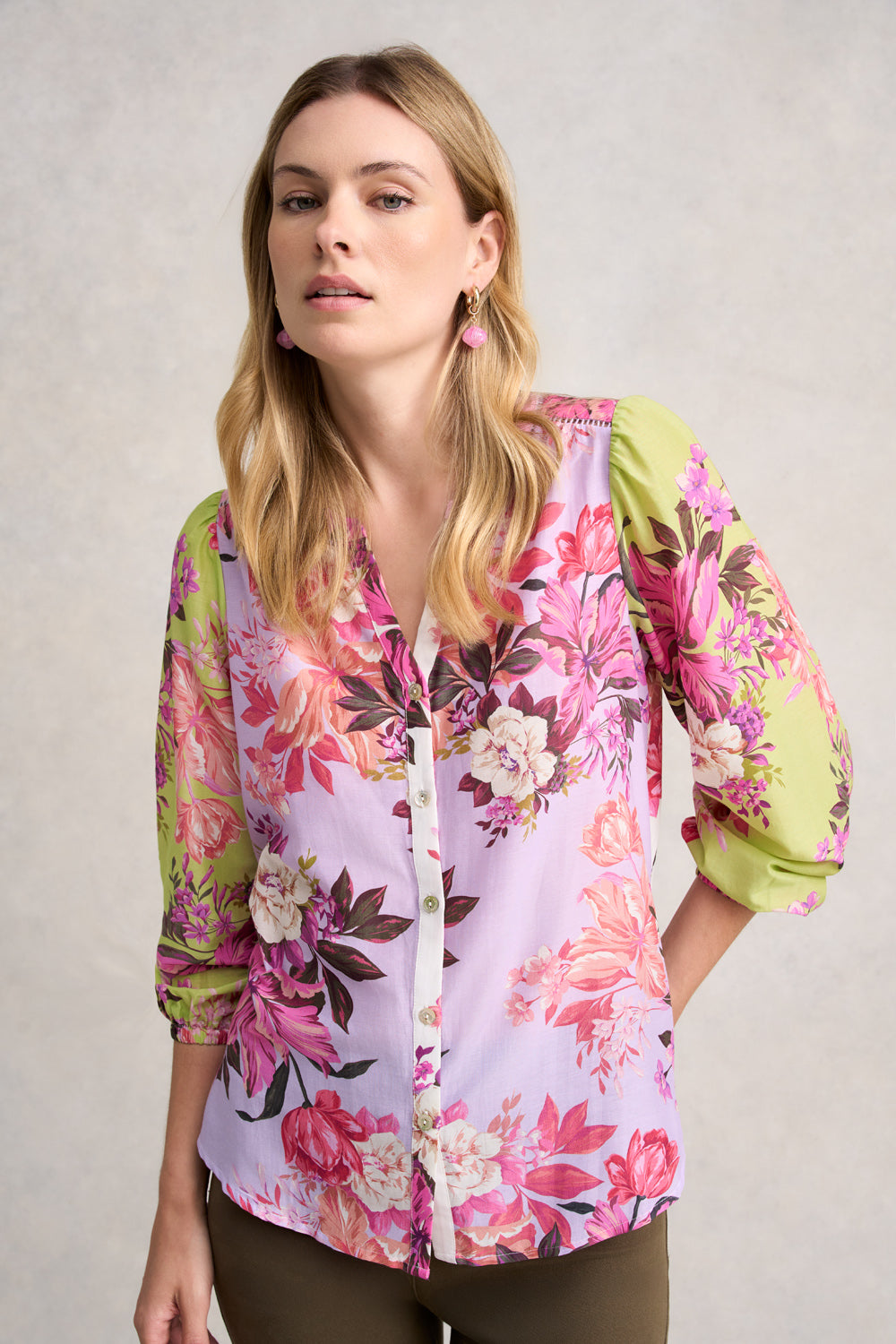 Printed Cotton Silk Shirt for Women - Spliced Floral Blouse with Elegant Design | Perfect for Office Wear, Casual Outings & Special Occasions