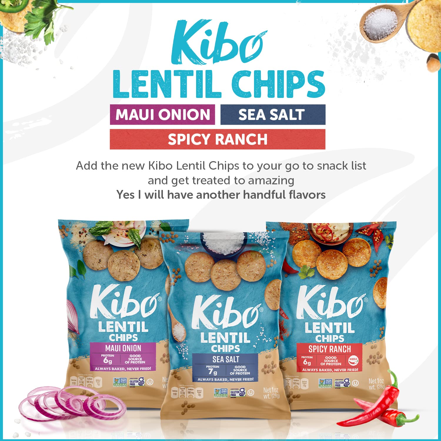 Kibo Lentil Chips Variety Pack - Gluten-Free, Vegan, Non-GMO, Plant-Based Snacks - Maui Onion, Sea Salt, Spicy Ranch Flavors - Made with Real Vegetables - 28g Bags, 12 Pack - Perfect for Parties, Healthy Snacking & On-the-Go Nutrition