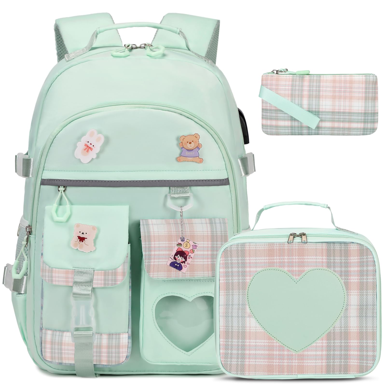 Stylish Girls Backpack for School, Travel & Daily Use - Cute Bookbag for Kids, Teens & Women - Lightweight Daypack with Lunch Box - Perfect for Elementary, Middle School & College (Green)