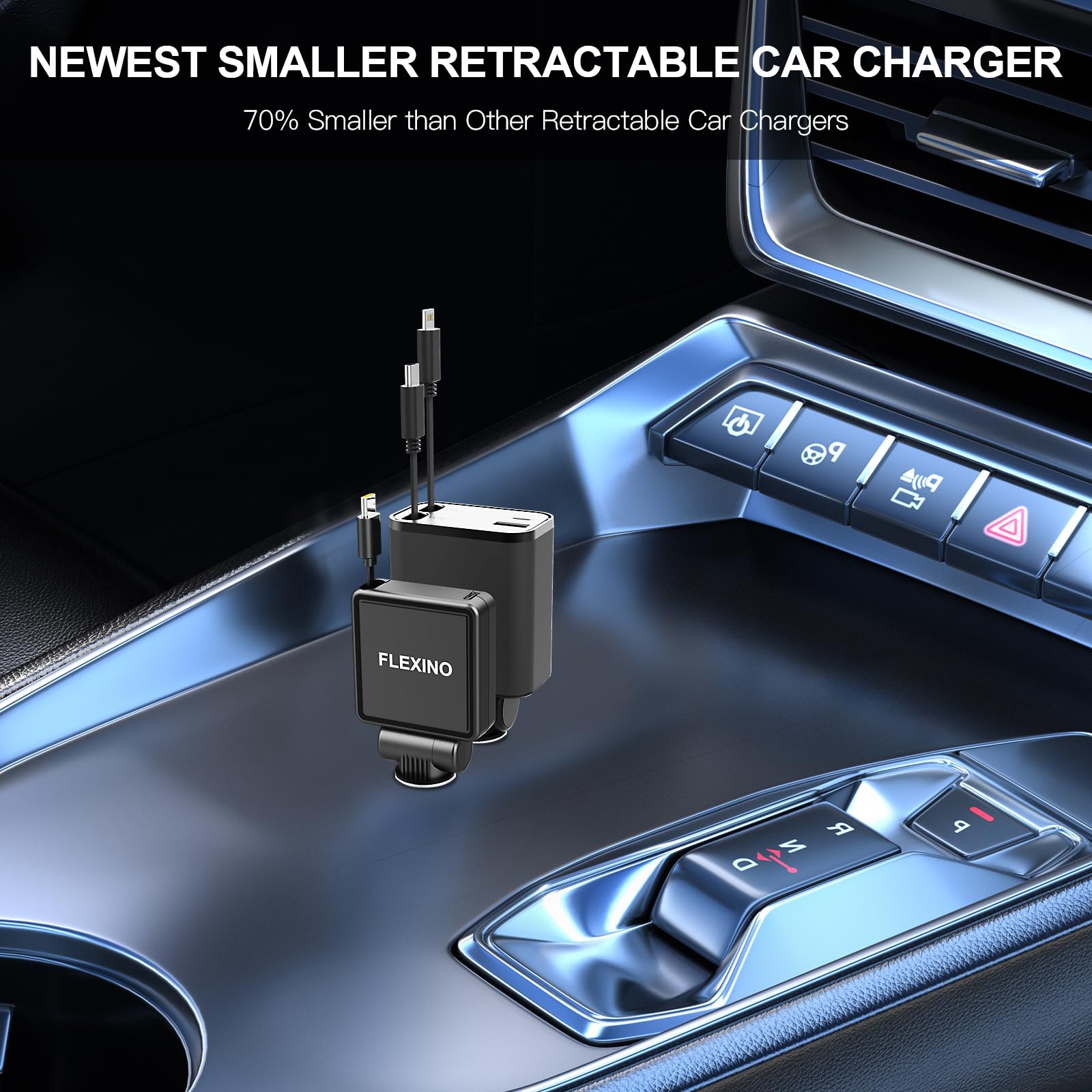 Ultra-Slim Flexino 45W Fast Car Charger with Retractable 2.6ft USB-C Cable - Compatible with iPhone 16/15 & Galaxy - 2 Pack Black - Perfect for Road Trips & Daily Commutes