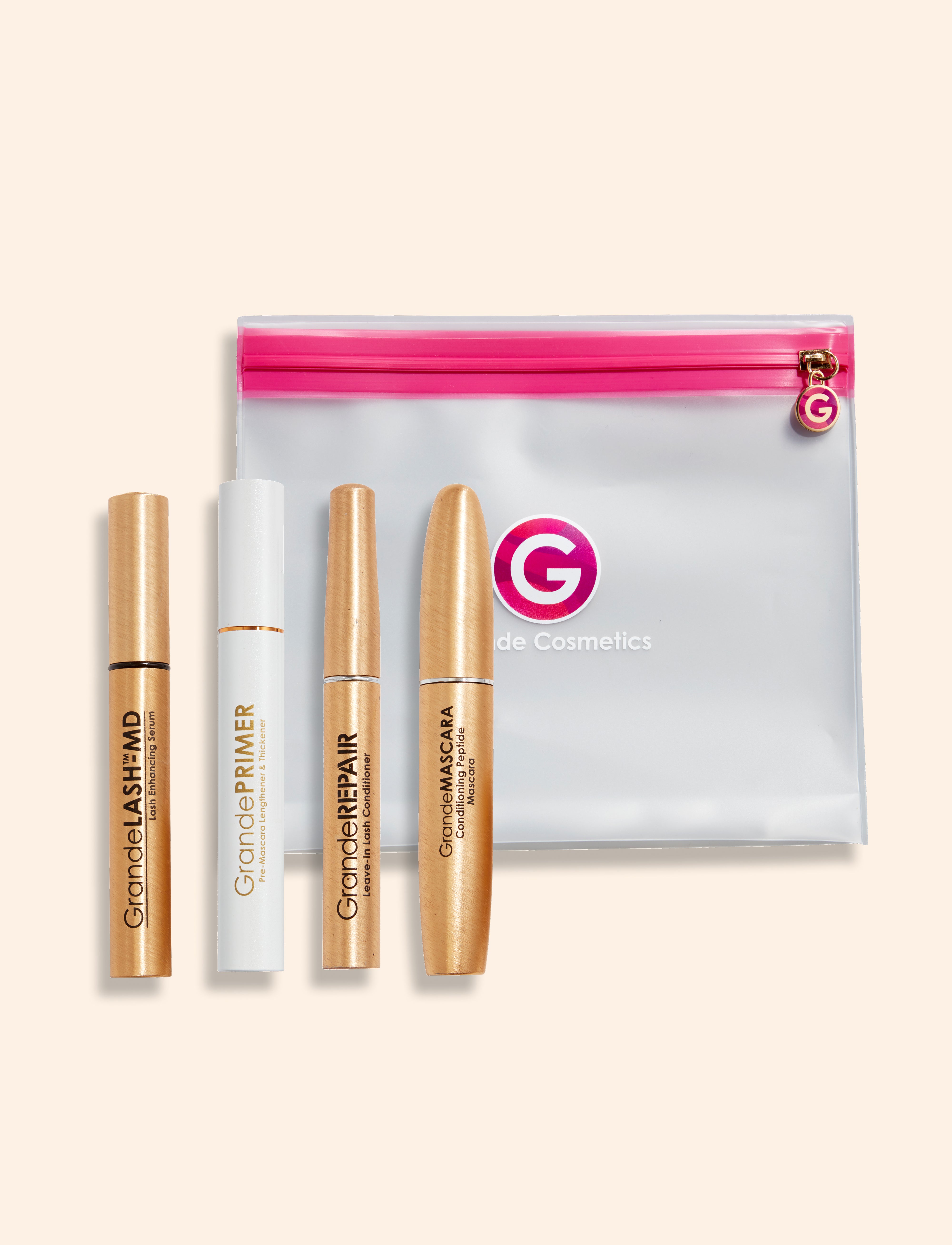 GrandeLASH MD Lash Enhancing Serum, GrandePRIMER Eyelash Primer, GrandeREPAIR Conditioner, GrandeMASCARA Volumizing Mascara & Makeup Bag Set for Eyelash Growth and Styling - Perfect for Daily Use, Special Occasions and Travel