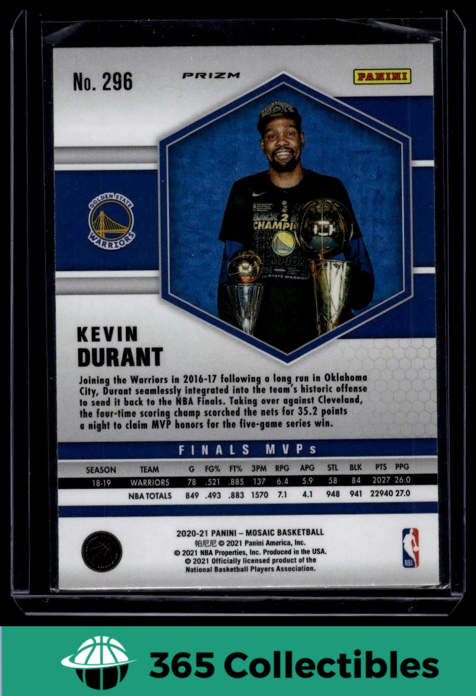 2020-21 Panini Mosaic NBA Kevin Durant Prizm #296 Basketball Card - Golden State Warriors Collectible for Sports Memorabilia & Trading Card Games