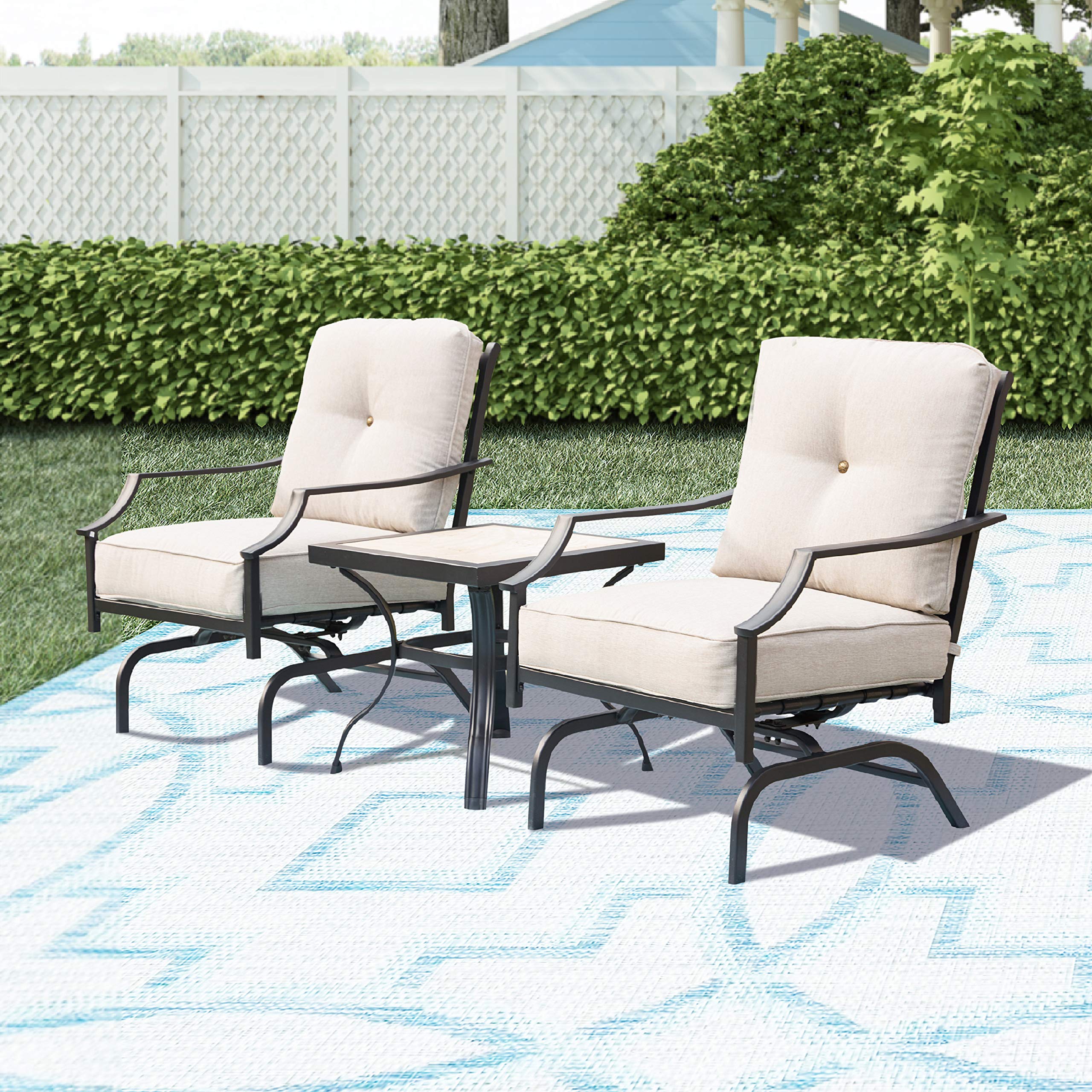 LOKATSE HOME 3-Piece Outdoor Patio Bistro Set - Metal Frame Armchair with Cushion & Square Coffee Table, Beige - Perfect for Garden, Balcony, and Backyard Relaxation