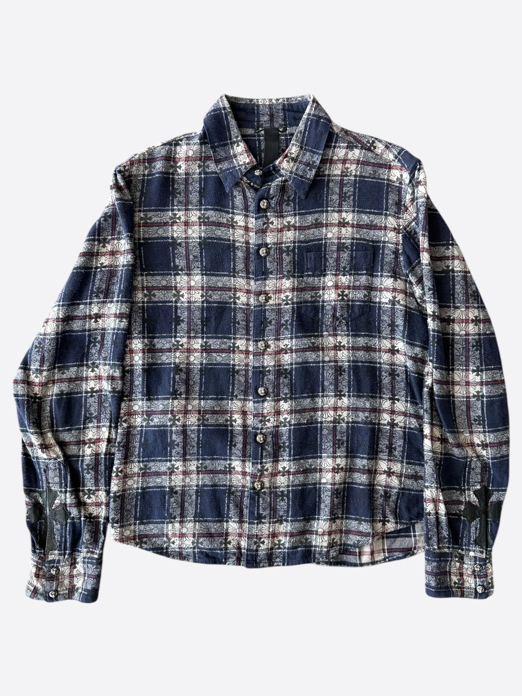 Chrome Hearts Blue Cross Embroidered Patch Jacquard Button-Up Shirt for Men | Gothic Streetwear & Luxury Fashion | Perfect for Concerts, Parties & Casual Outings