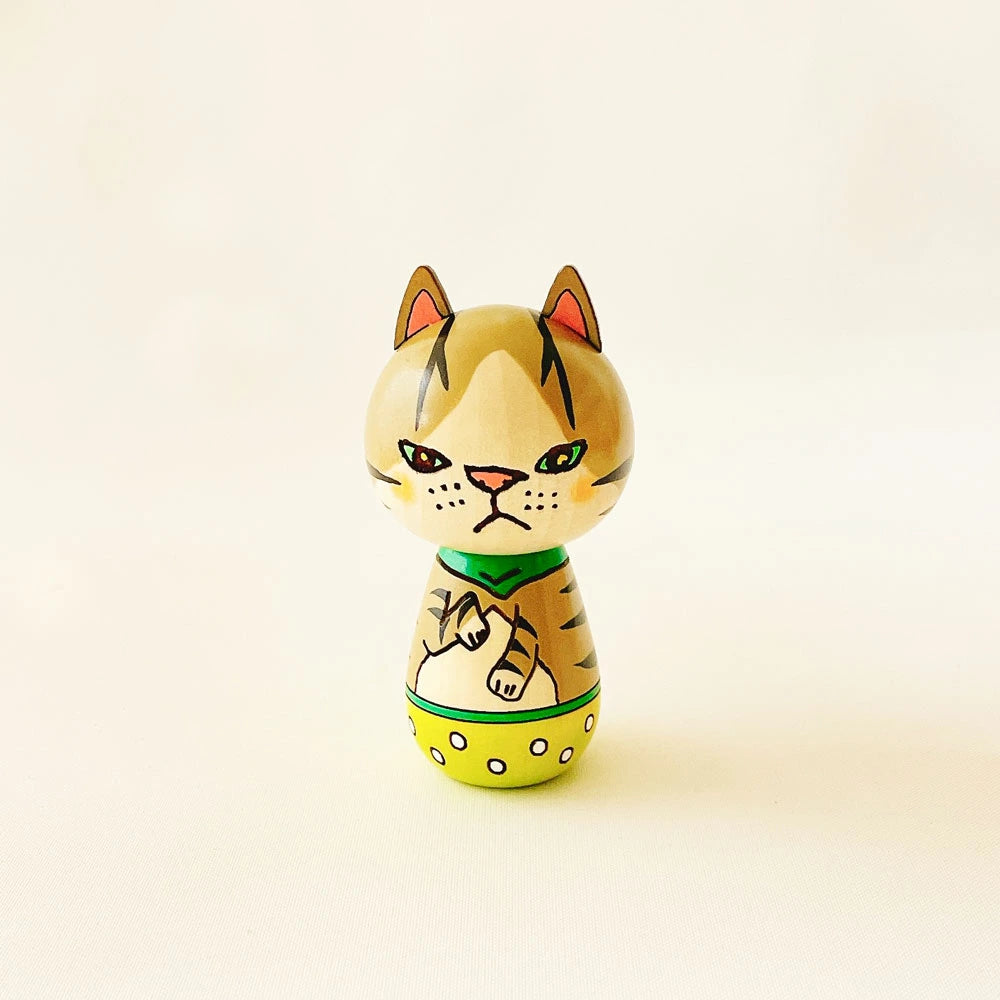 Handmade Japanese Kokeshi Doll - Traditional Tabby Cat Wooden Figurine | Home Decor, Gift for Cat Lovers, Zen & Kawaii Aesthetic
