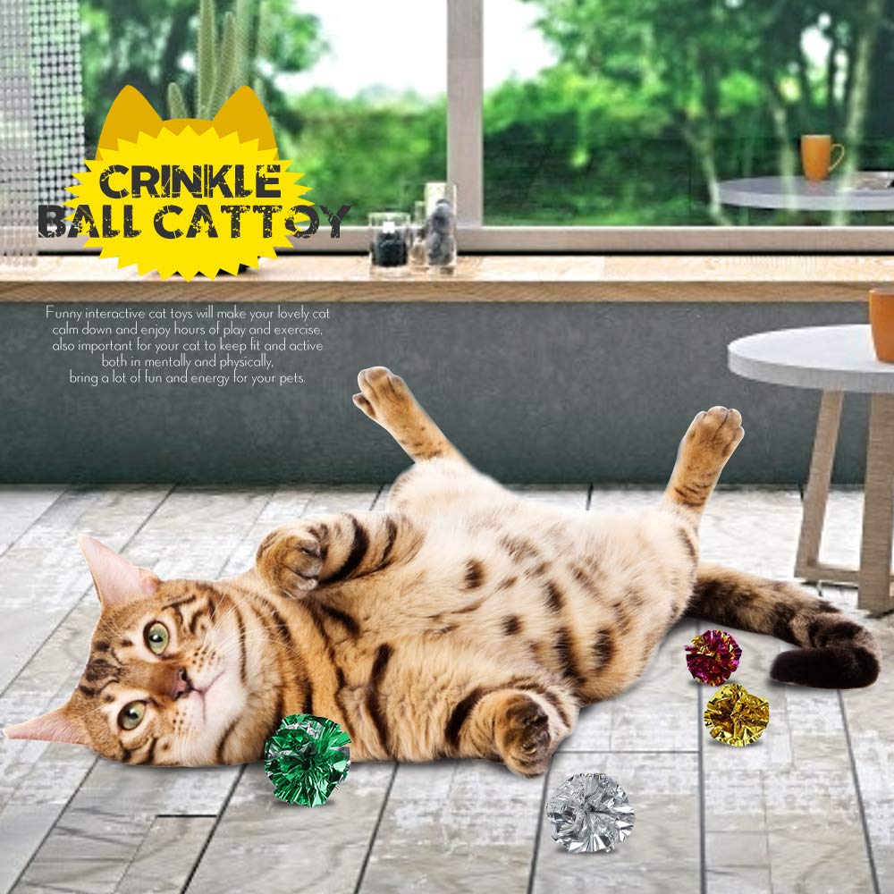 25 Pack Crinkle Balls Cat Toys - Colorful Mylar Crinkle Balls for Kittens & Adult Cats - Interactive Cat Toys for Playtime, Training & Exercise - Random Colors (25 Count)