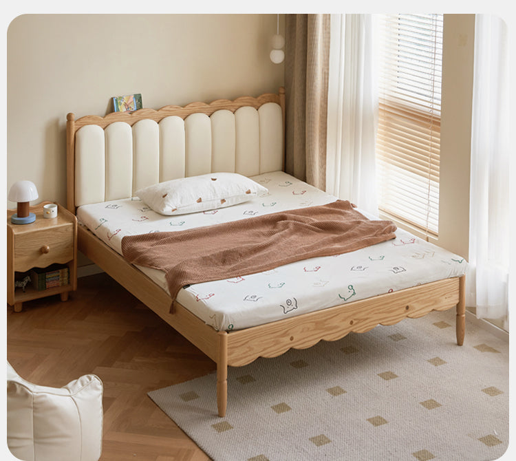Premium Oak Solid Wood Kids Upholstered Bed with Soft Headboard - Milky White | Safe & Comfortable Toddler Bedroom Furniture for Boys & Girls | Perfect for Bedrooms, Daycare & Guest Rooms