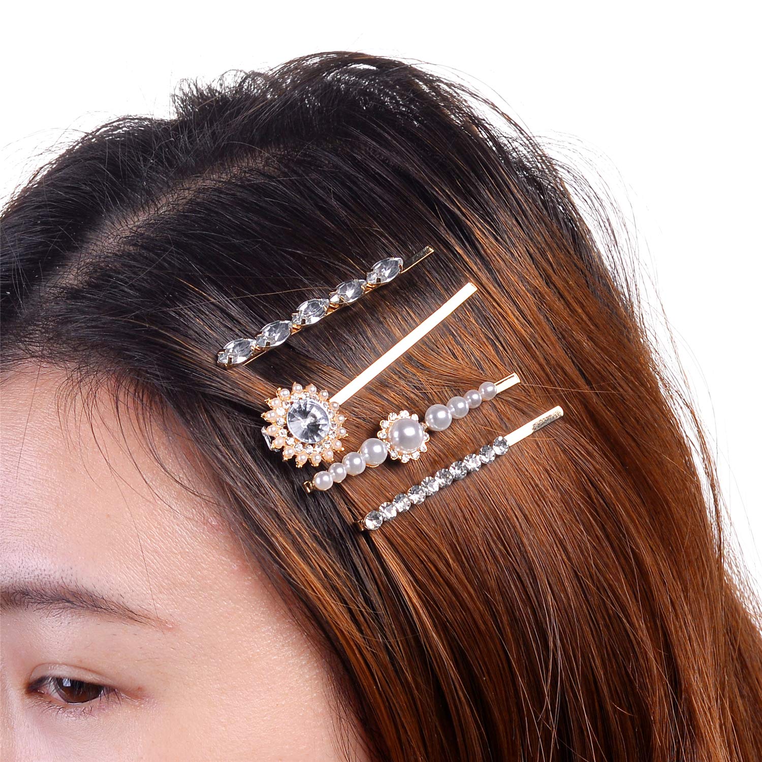 Floral Crystal Rhinestone Hair Pins Set - 4pc Gold Pearl Accessories for Bridal & Party