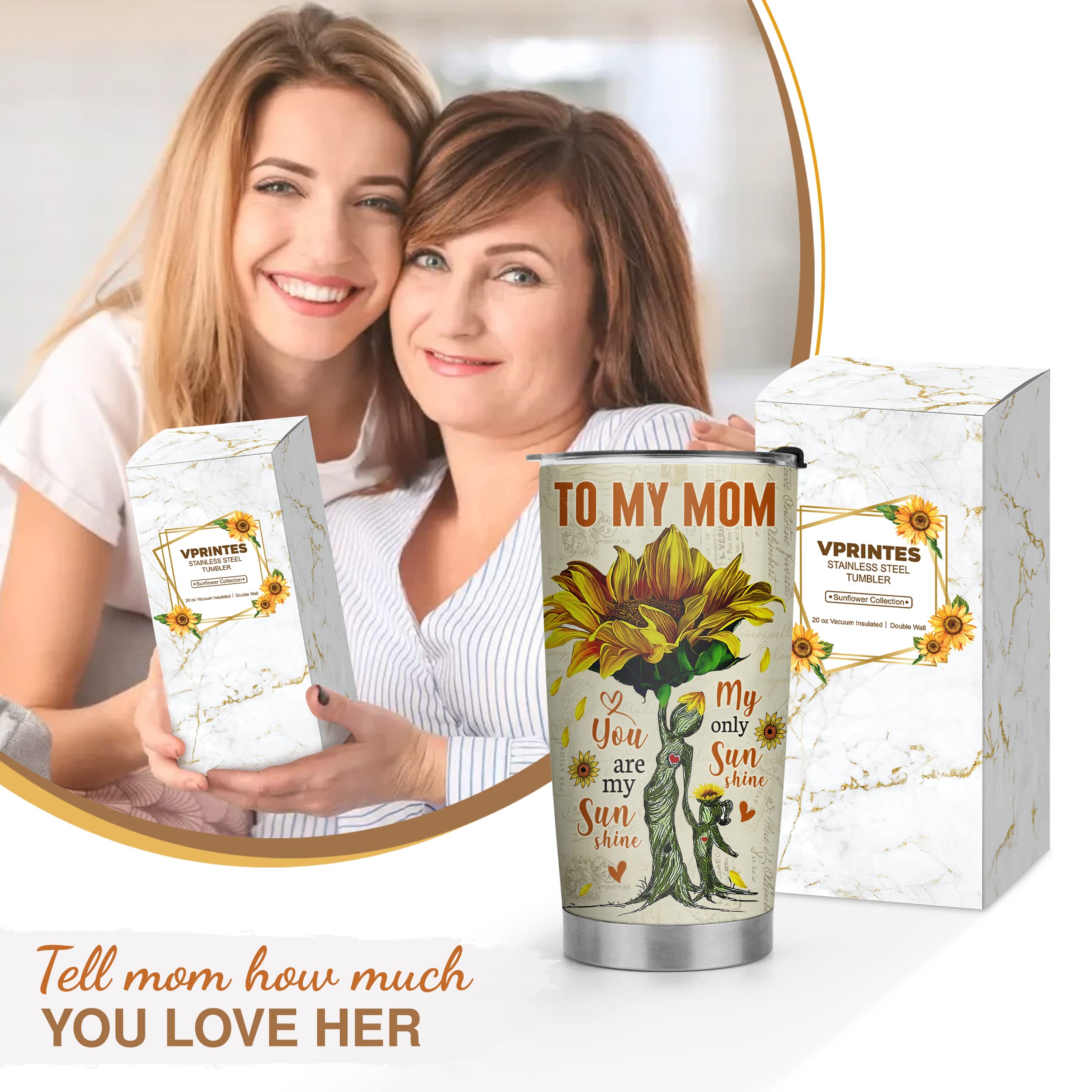 20oz Stainless Steel Tumbler with Sunflower Design - Perfect Gift for Mom from Daughter - Birthday, Christmas & Valentine's Day Present - Ideal for Coffee, Tea & Cold Drinks at Home, Office or Travel