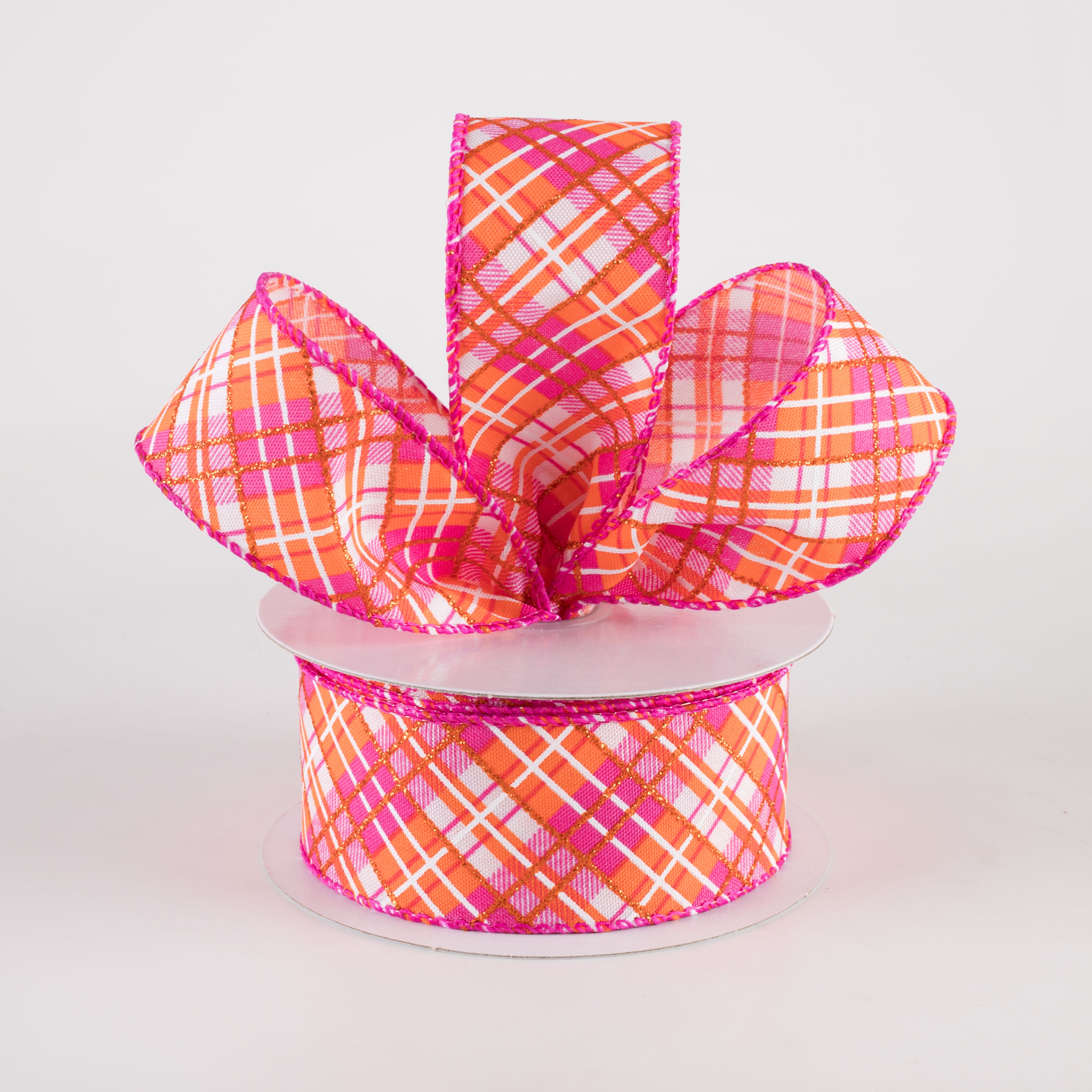 1.5 Inch Busy Diagonal Plaid Ribbon - White, Fuchsia & Orange (10 Yards) - Perfect for Gift Wrapping, DIY Crafts, and Holiday Decorations