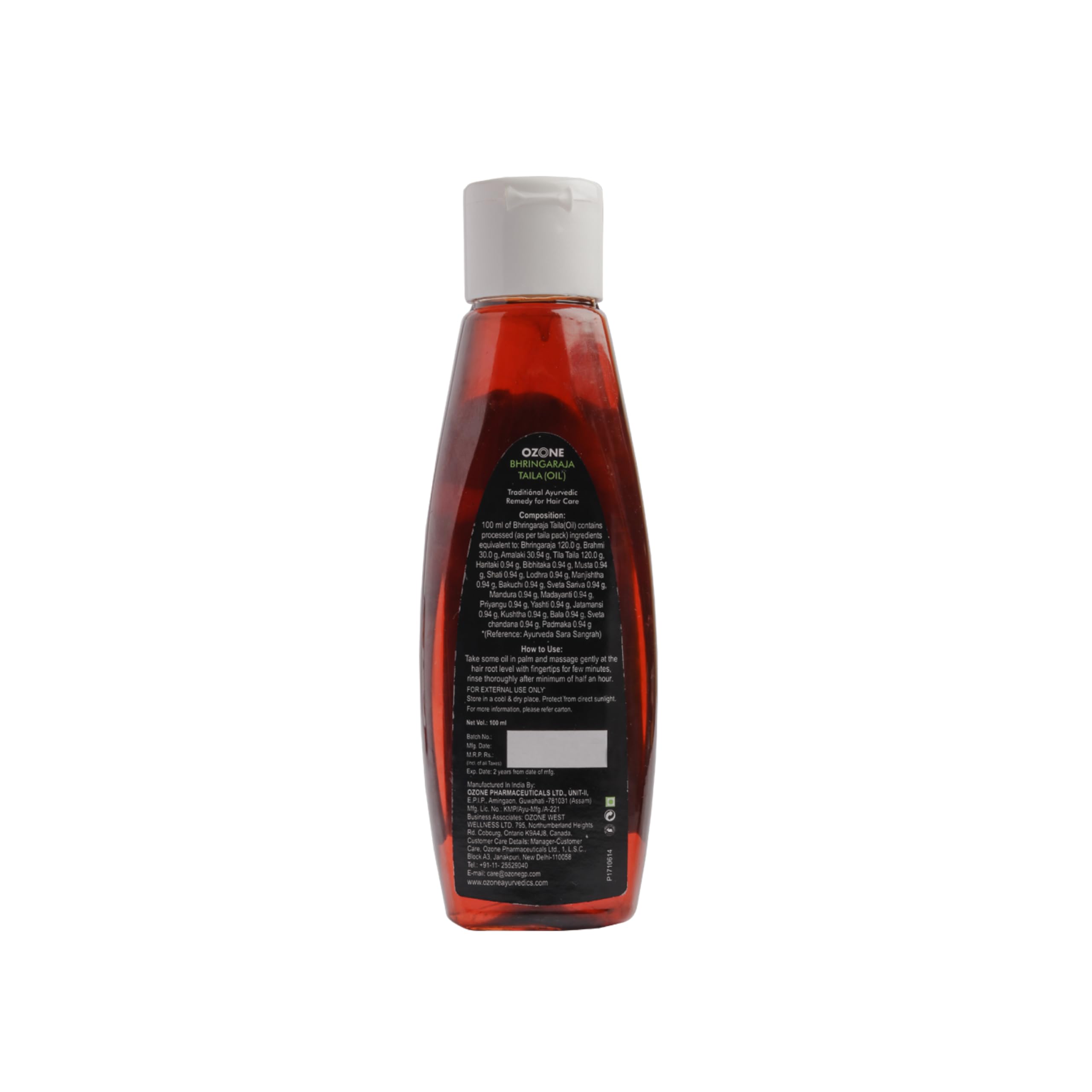 Ozone Bhringaraja Hair Oil - 100% Pure Natural Ayurvedic Oil for Hair Growth | Paraben & Sulfate Free | Reduces Hair Damage & Controls Hair Fall | 100ml | Perfect for Daily Hair Care & Scalp Massage