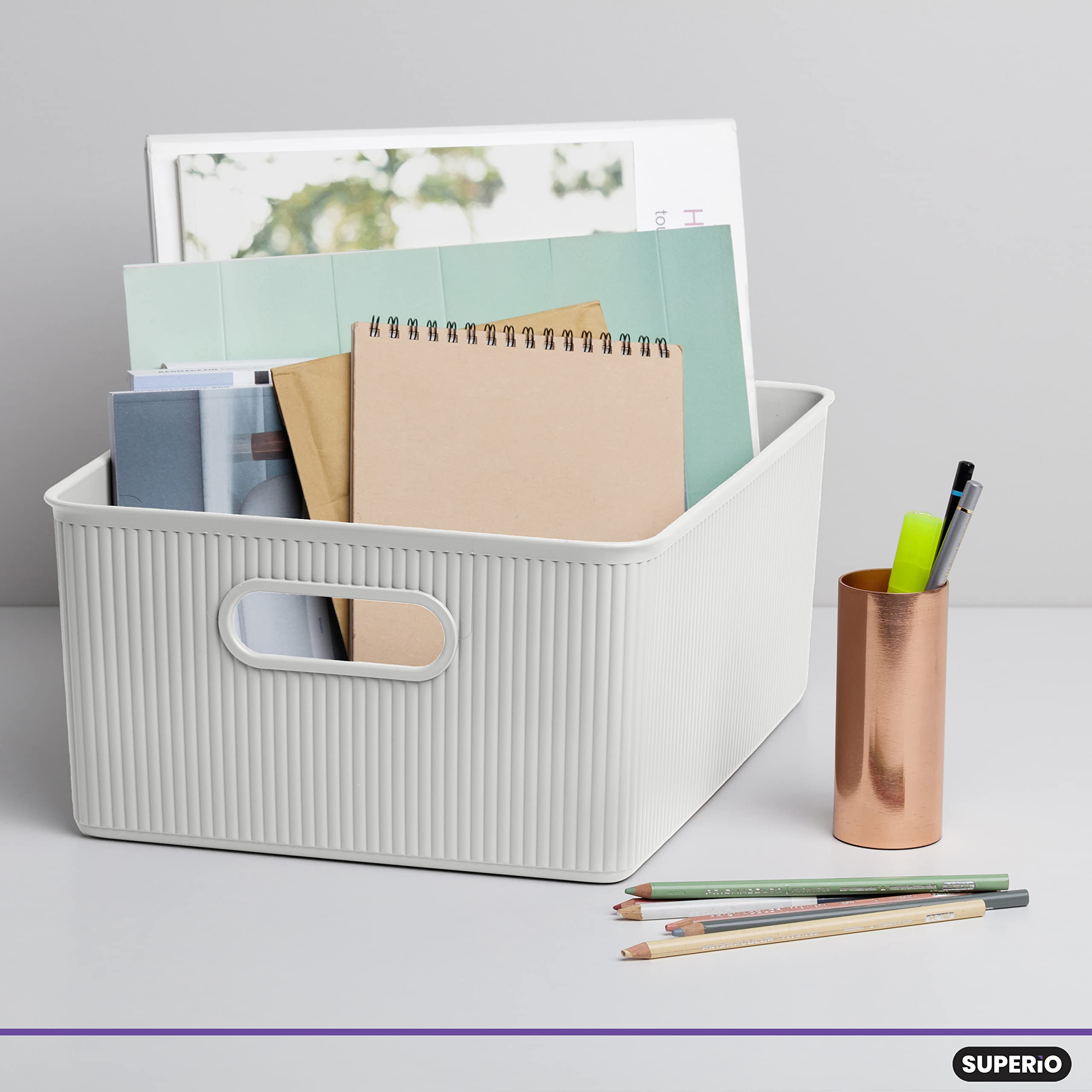 Superior Ribbed Plastic Storage Bins - 2 Pack White Organizer Baskets with Handles, 15 Liter/16 Quart Capacity for Home, Closet, Shelf & Drawer Organization - Perfect for Bedroom, Bathroom & Office Storage Solutions