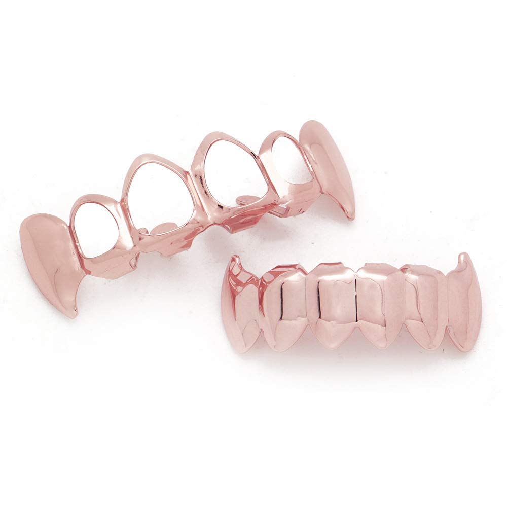 18K Gold Plated 4 Open Face Grillz Teeth - Top & Bottom Grill Set for Men and Women | Hip Hop Jewelry, Rap Style Accessories for Concerts & Parties