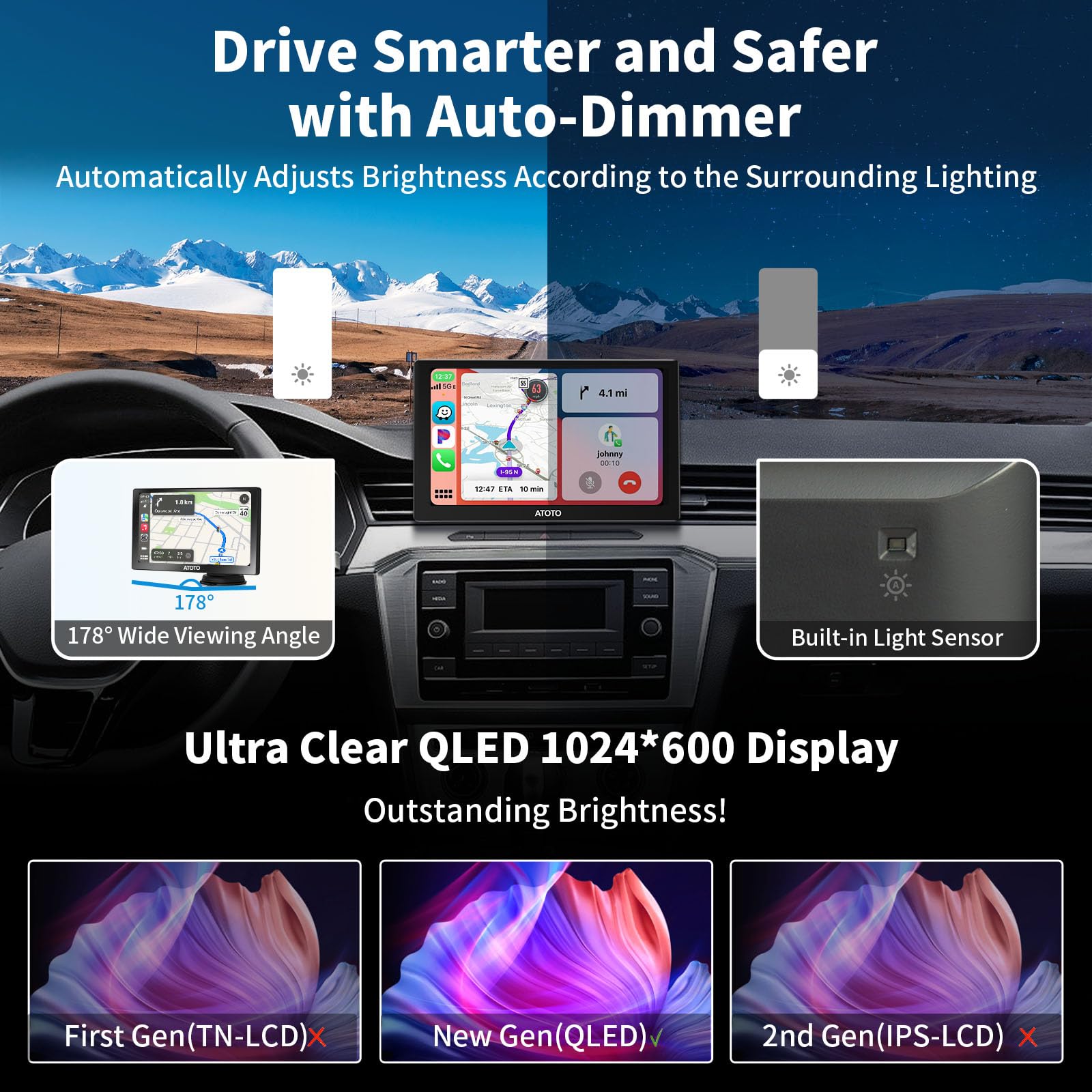 ATOTO P8 7-Inch Wireless CarPlay & Android Auto Car Stereo with QLED Touchscreen, HD 1080P Front/Rear Camera Input, WDR, Auto Dimmer, Bluetooth - Perfect for Road Trips & Daily Commuting