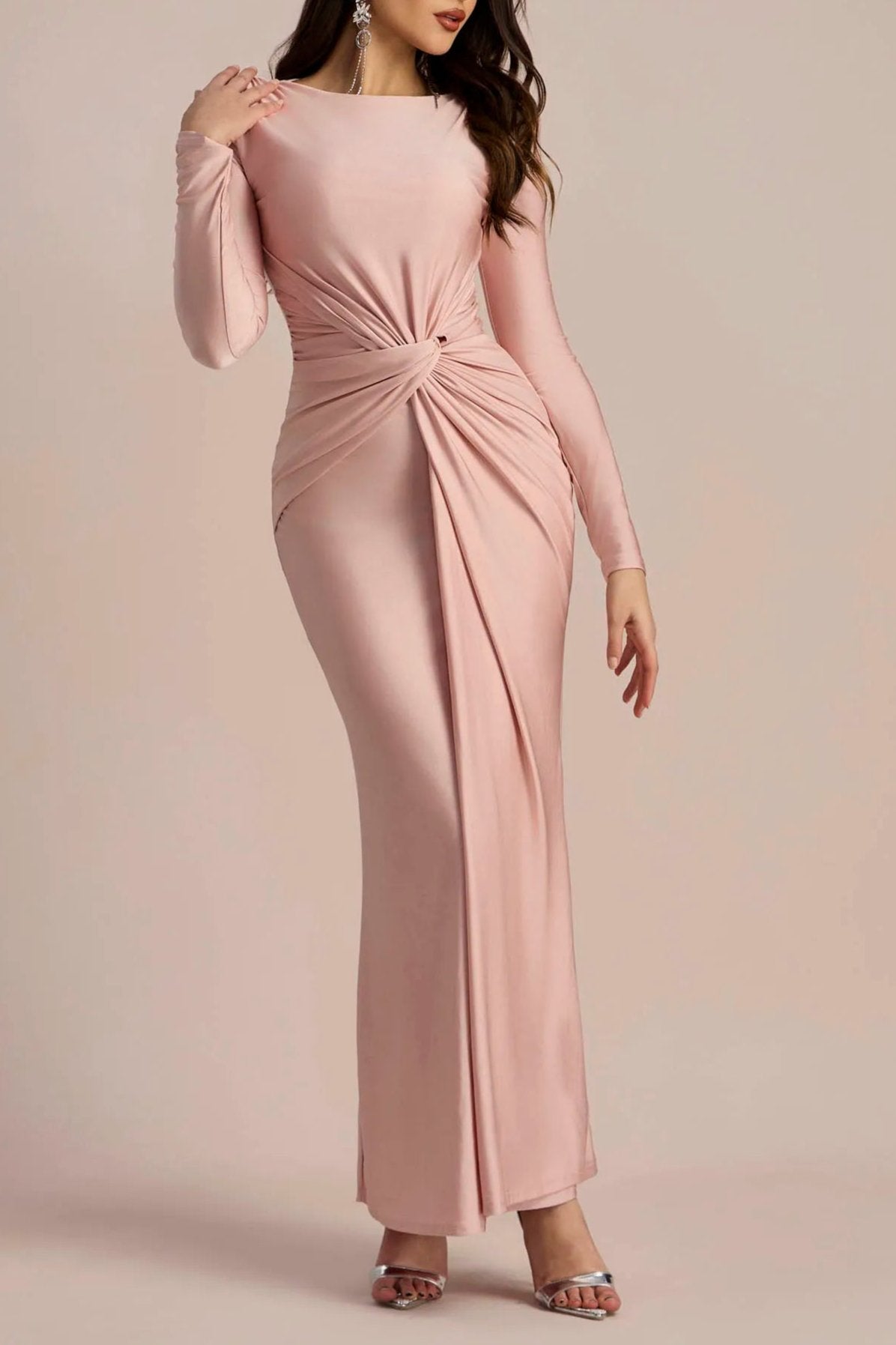 AMANDA Women's Long Sleeve Twist Front Maxi Dress - Elegant Flowy Formal & Casual Dress for Parties, Weddings & Everyday Wear