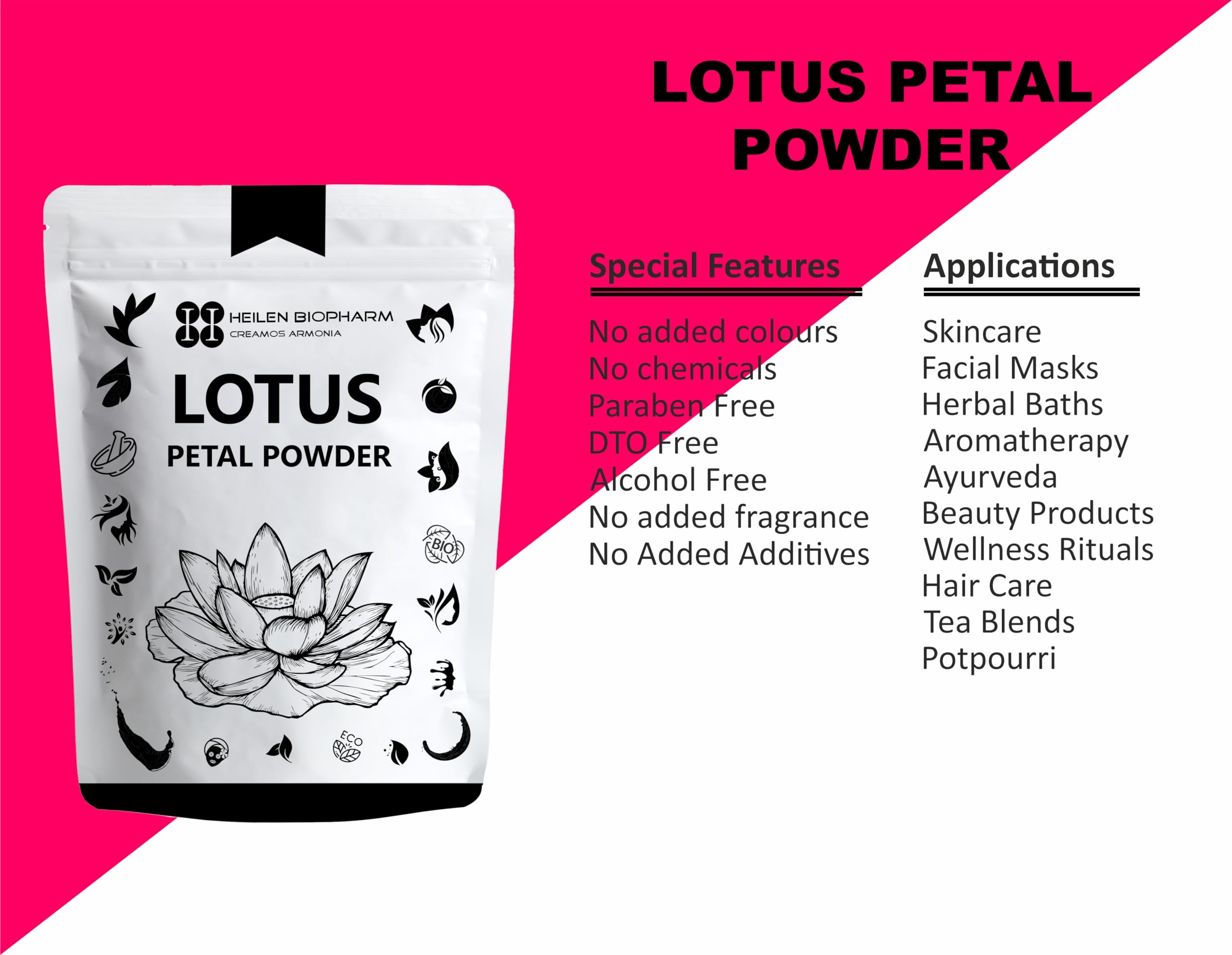 Heilen Biopharm Lotus Petal Powder for Face Mask - 100g Natural Skincare Treatment for Glowing Skin | DIY Facial Pack for Brightening & Anti-Aging | Perfect for Spa Day & At-Home Beauty Routine