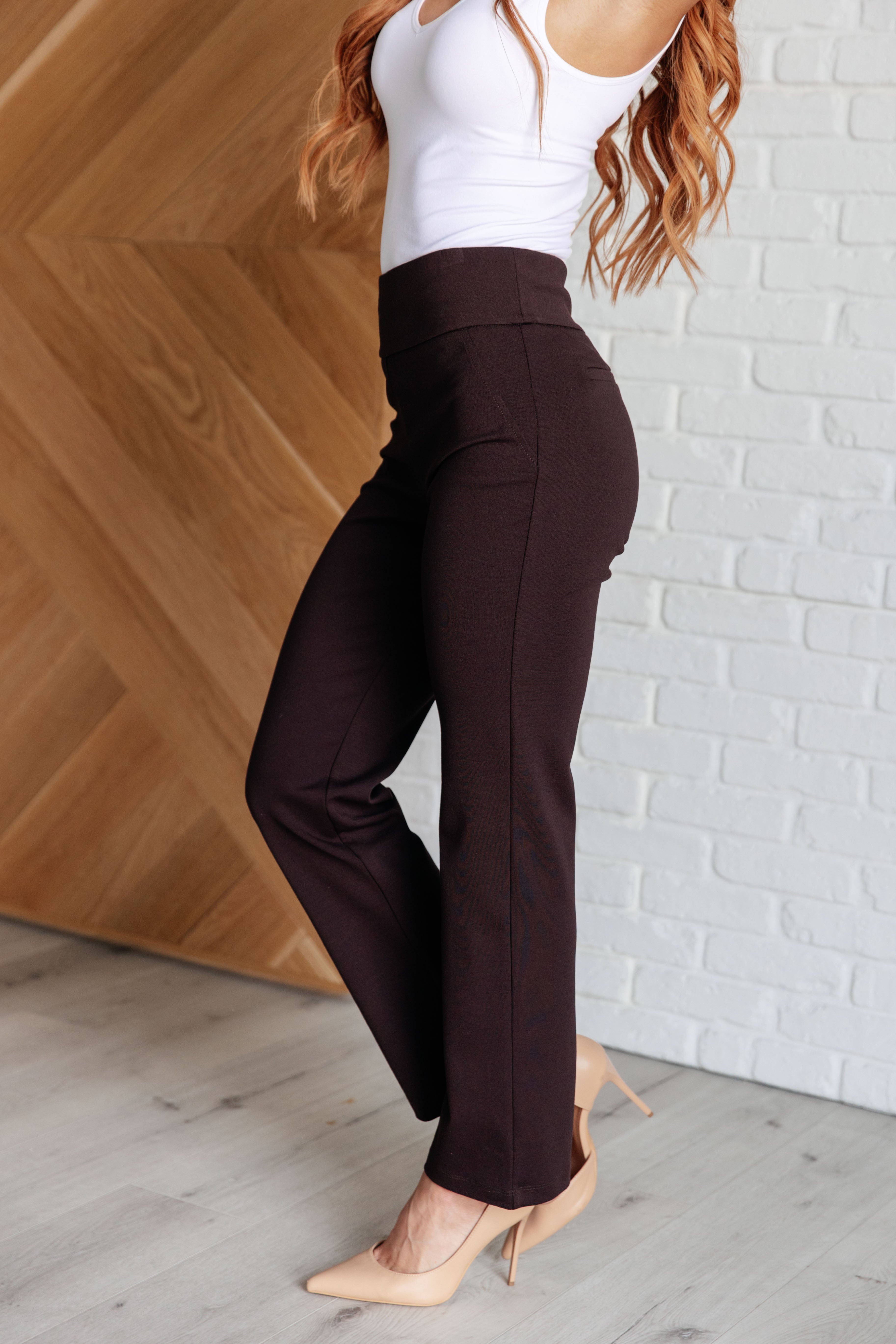 Magic Straight Leg Pants for Women - Chocolate Brown High Waist Trousers | Office Wear, Business Casual & Everyday Comfort