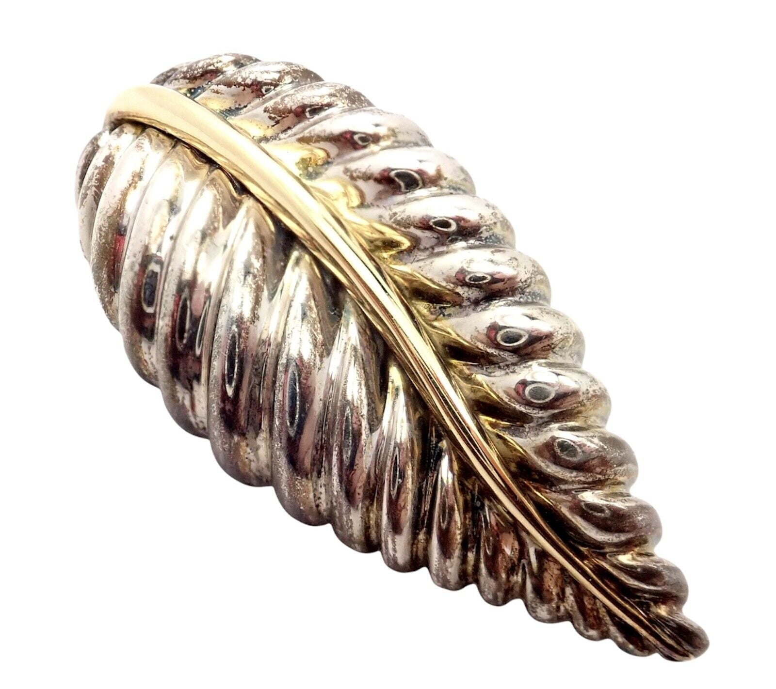 Authentic Tiffany & Co 18k Yellow Gold Silver Leaf Pin Brooch 2003 - Vintage Jewelry for Women, Perfect for Weddings, Parties & Special Occasions