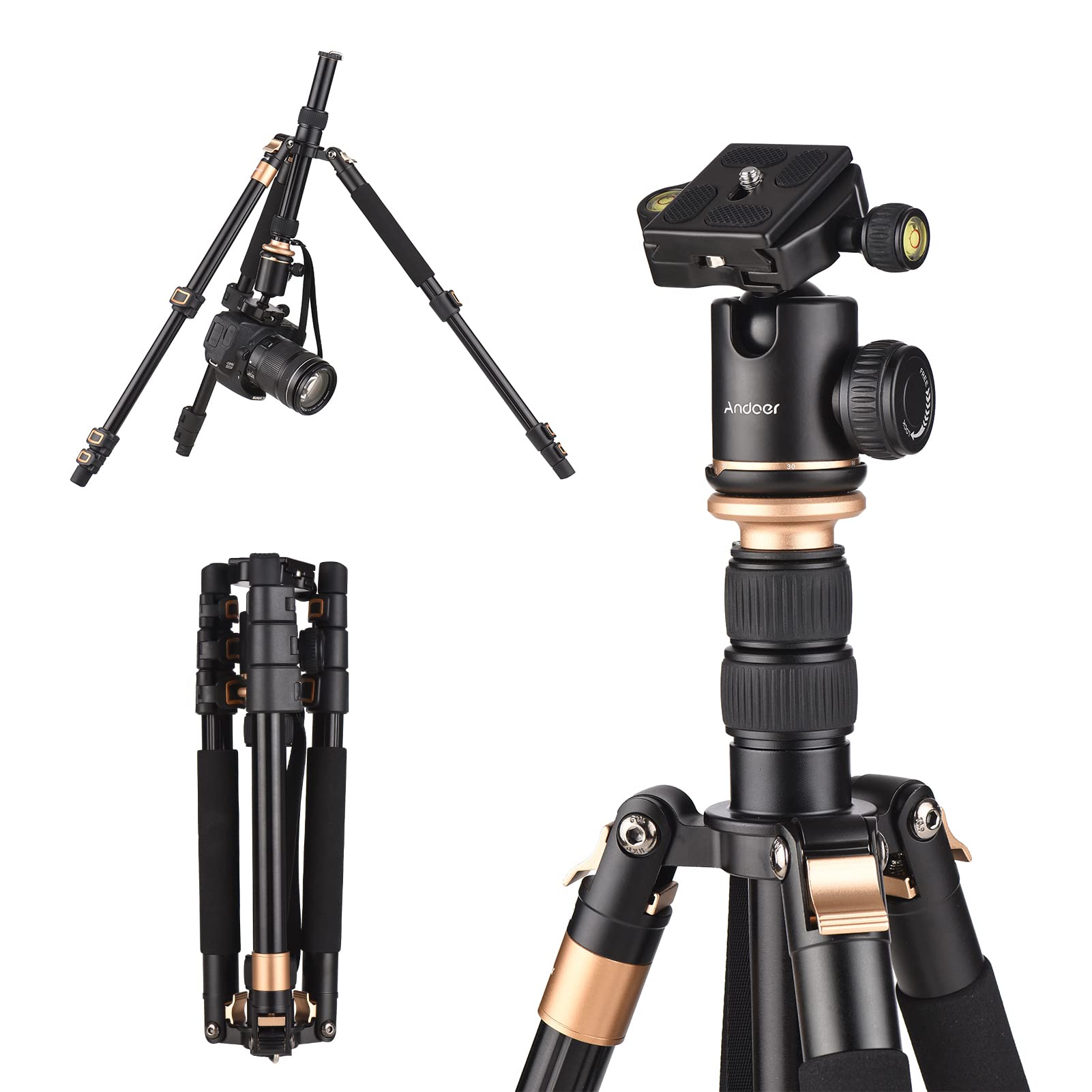 Andoer 55 Inch Aluminum Camera Tripod with Monopod - 360° Rotatable Ball Head, 17.6lbs Load Capacity, Compact Travel Tripod Stand for DSLR, Mirrorless, Camcorders & Smartphones - Perfect for Travel Photography, Vlogging & Outdoor Shooting
