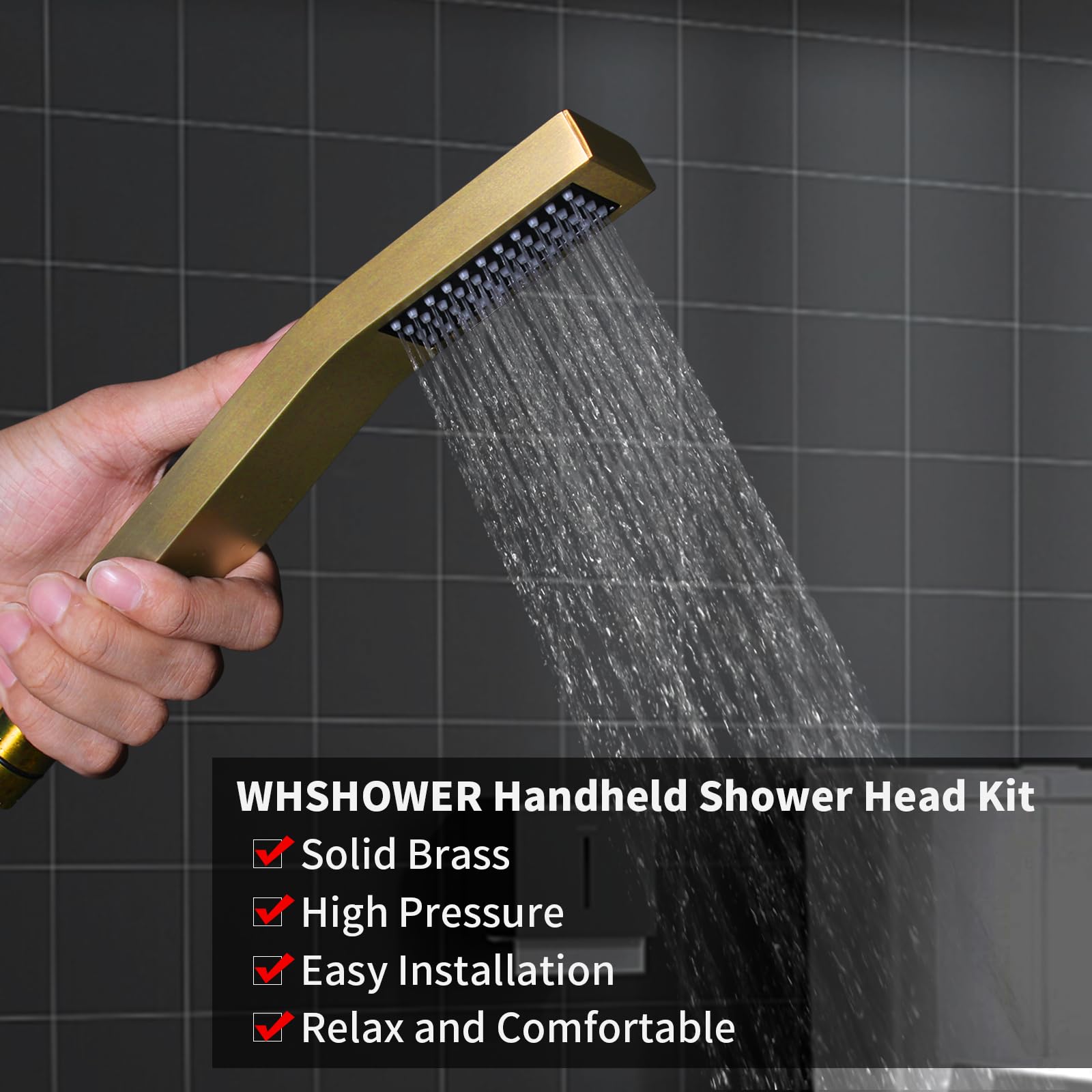 Premium Brushed Gold Handheld Shower Head Set - Solid Brass Square Shower Wand with Adjustable Wall Mount Holder & Hose - Perfect for Bathroom Renovation, Spa-Like Experience, and Pet Washing
