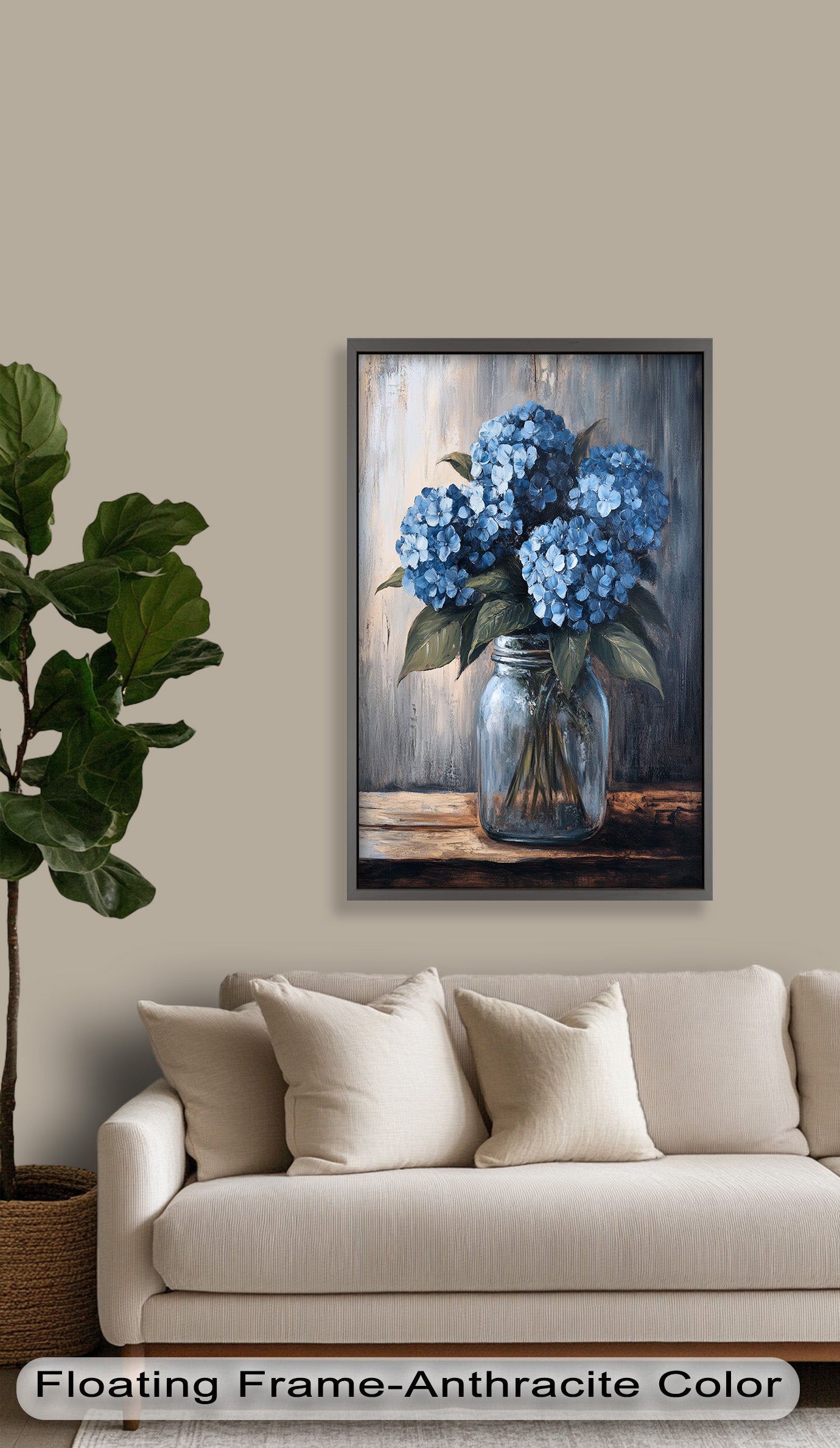 Blue Serenity Hydrangea Blooms in Mason Jar - Floral Oil Painting Wall Art for Home Decor, Living Room, Bedroom & Office | Handmade Canvas Artwork