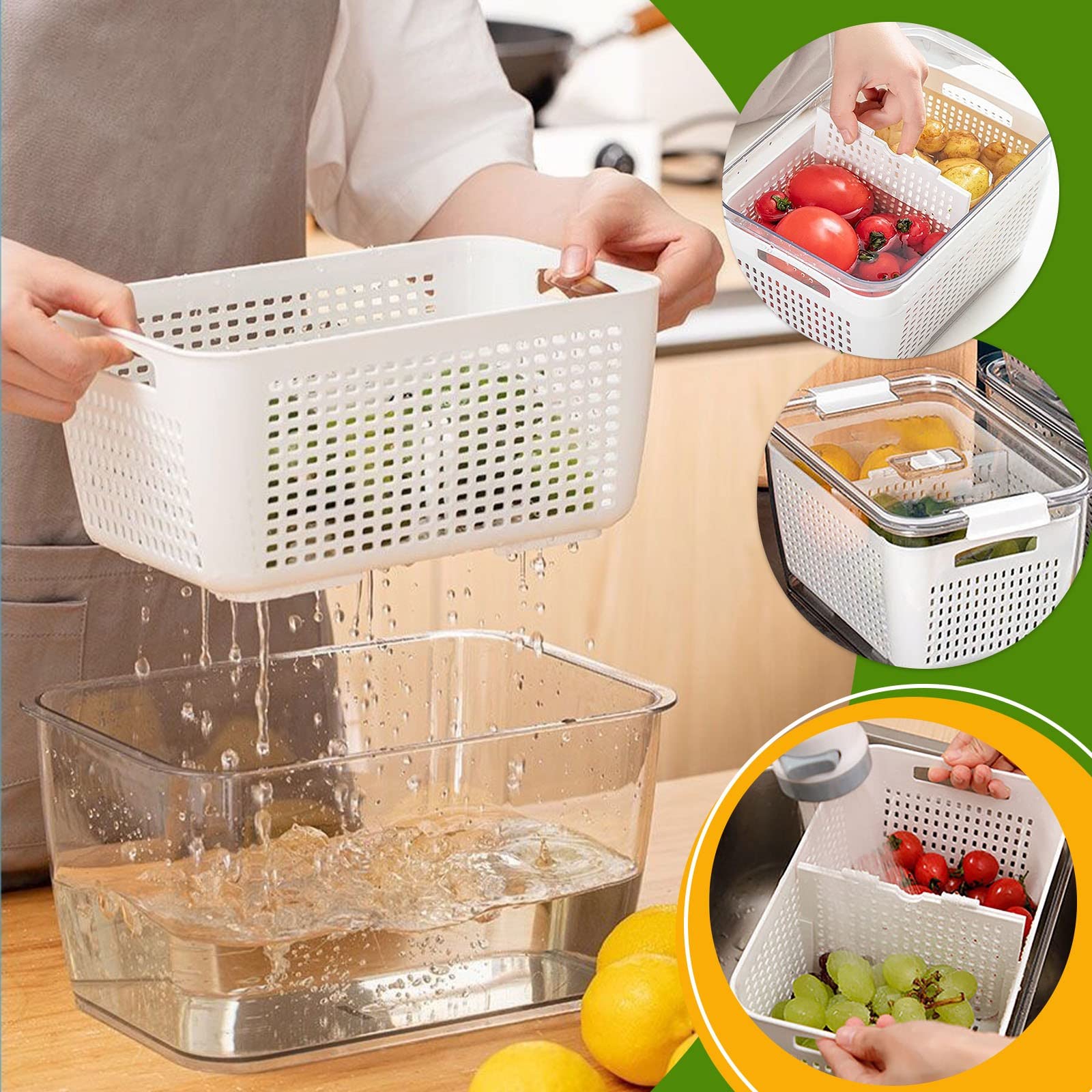 3-in-1 Large Fruit and Vegetable Storage Containers for Refrigerator - Fresh Produce Organizer with Removable Lid & Drain Colander - Perfect for Berries, Lettuce, Herbs Storage and Meal Prep
